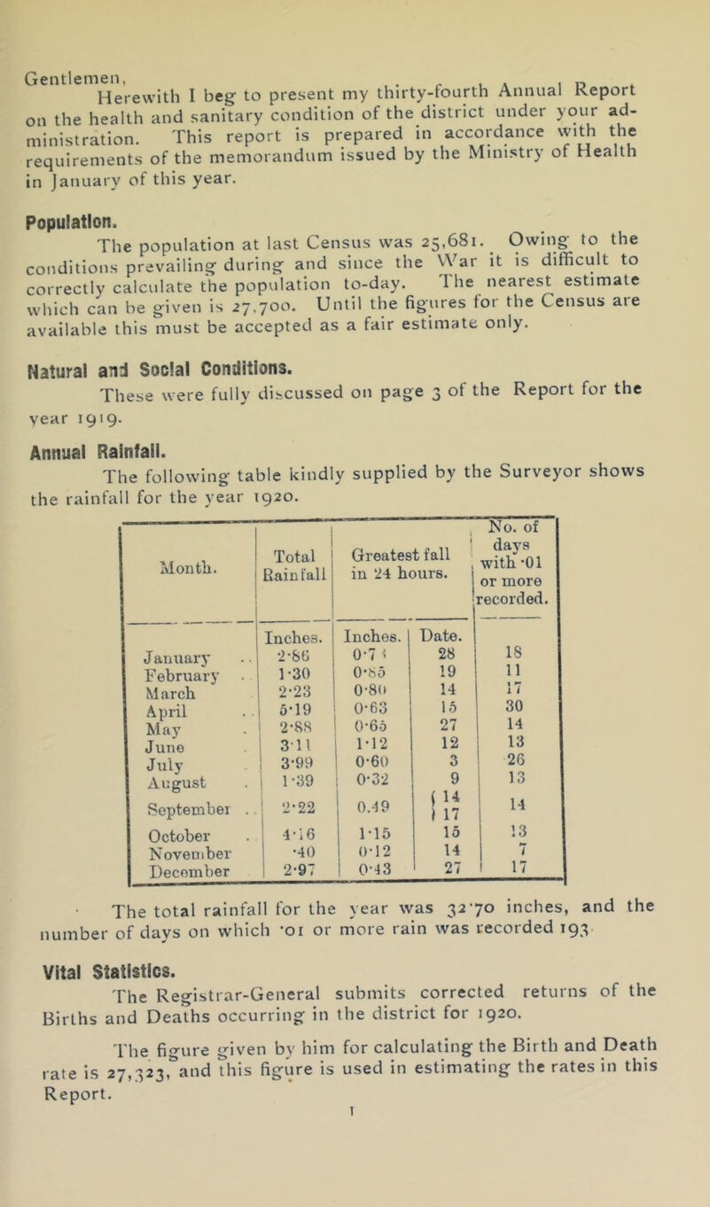 Gentlemen, Herewith I beg to present my thirty-fourth Annual Report on the health and sanitary condition of the district under your ad- ministration. This report is prepared in accordance witli the requirements of the memorandum issued by the Ministry of Health in January of this year. Population. The population at last Census was 25,681. Owing to the conditions prevailing during and since the War it is difficult to correctly calculate the population to-day. I he nearest estimate which can be given is 27.700. Until the figures tor the Census are available this must be accepted as a fair estimate only. Natural and Social Conditions. These were fully discussed on page 3 of the Report for the year 1919. Annuai Rainfall. The following table kindly supplied by the Surveyor shows the rainfall for the year 1920. Month. 1 Total Rain Tall I » Greatest fall in 24 hours. 1 No. of days with ‘01 or more recorded. Inches. Inches. Date. Januai'y •2-80 0-7 < 28 18 February 1-30 0*85 19 11 March 2-23 0-80 14 17 April 5-19 0-63 15 30 May 2-88 0'6o 27 14 June ; 311 1-12 12 13 July 1 3*99 0-6U 3 26 August I 1-39 1 0-32 9 i 13 September .. 2-22 0.19 ( 1 17 H October I-iG 1-15 15 1 !3 November •40 0-12 14 1 J December 2-97 i 0-43 27 1 17 The total rainfall for the year was 3270 inches, and the number of days on which 'oi 01 moie tain was recorded 193 Vital Statistics. The Registrar-General submits corrected returns of the Births and Deaths occurring in the district for 1920. The fio-ure given by him for calculating the Birth and Death rate is 27,323,'’and this figure is used in estimating the rates in this Report.