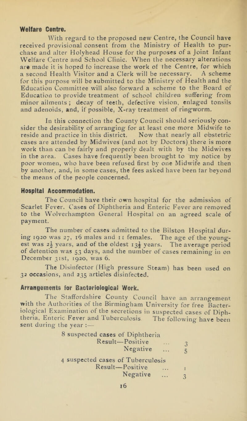 Welfare Centre. With reg-ard to the proposed new Centre, the Council have received provisional consent from the Ministry of Health to pur- chase and alter Holyhead House for the purposes of a Joint Infant Welfare Centre and School Clinic. When the necessary alterations are made it is hoped to increase the work of the Centre, for which a second Health Visitor and a Clerk will be necessary. A scheme for this purpose will be submitted to the Ministry of Health and the Education Committee will also forward a scheme to the Board of Education to provide treatment of school children suffering from minor ailments ; decay of teeth, defective vision, enlaged tonsils and adenoids, and, if possible, X-ray treatment of ringworm. In this connection the County Council should seriously con- sider the desirability of arranging for at least one more Midwife to reside and practice in this district. Now that nearly all obstetric cases are attended by Midwives (and not by Doctors) there is more work than can be fairly and properly dealt with by the Midwives in the area. Cases have frequently been brought to my notice by poor women, who have been refused first by one Midwife and then by another, and, in some cases, the fees asked have been far beyond the means of the people concerned. Hospital Accommodation. The Council have their own hospital for the admission of Scarlet Fever. Cases of Diphtheria and Enteric P'ever are removed to the Wolverhampton General Hospital on an agreed scale of payment. The number of cases admitted to the Bilston Hospital dur- ing 1920 was 27, 16 males and 11 females. The age of the young- est was 2| years, and of the oldest 13^ years. The average period of detention was 53 days, and the number of cases remaining in on December 31st, 1920, was 6. The Disinfector (High pressure Steam) has been used on 32 occasions, and 235 articles disinfected. Arrangements for Bacteriological Work. 1 he Staffordshire County Council have an arrang'ement with the Authorities of the Birmingham University for free Bacter- iological Examination of the secretions in suspected cases of Diph- theria, Enteric Fever and Tuberculosis The following have been sent during the year :— 8 suspected cases of Diphtheria Result—Positive ... 3 Negative ... 3 4 suspected cases of Tuberculosis Result—Positiv'e ... i Negative ... 3