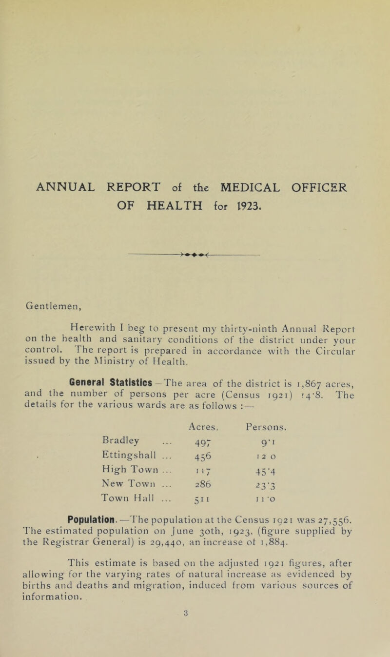 ANNUAL REPORT of the MEDICAL OFFICER OF HEALTH for 1923. > Gentlemen, Herewith I beg to present my thirty-ninth Annual Report on the health and sanitary conditions of the district under your control. The report is prepared in accordance with the Circular issued by the Ministry of Health. Gsndral Statistics The area of the district is 1,867 ticres, and the number of persons per acre (Census 1921) t4‘8. The details for the various wards are as follows : — Acres. Persons. Bradley 497 9-1 Ettingshall ... 456 I 2 0 High Town ... 1 '7 45’4 New Town ... 286 ^3'3 Town Hall ... 511 11 0 Population.—'I'he population at the Census 1921 was 27,556. The estimated population on June 30th, 1923. (figure supplied by the Registrar General) is 29,440, an increase ot 1,884. This estimate is based on the adjusted 1921 figures, after allowing for the varying rates of natural increase as evidenced by births and deaths and migration, induced from various sources of information.