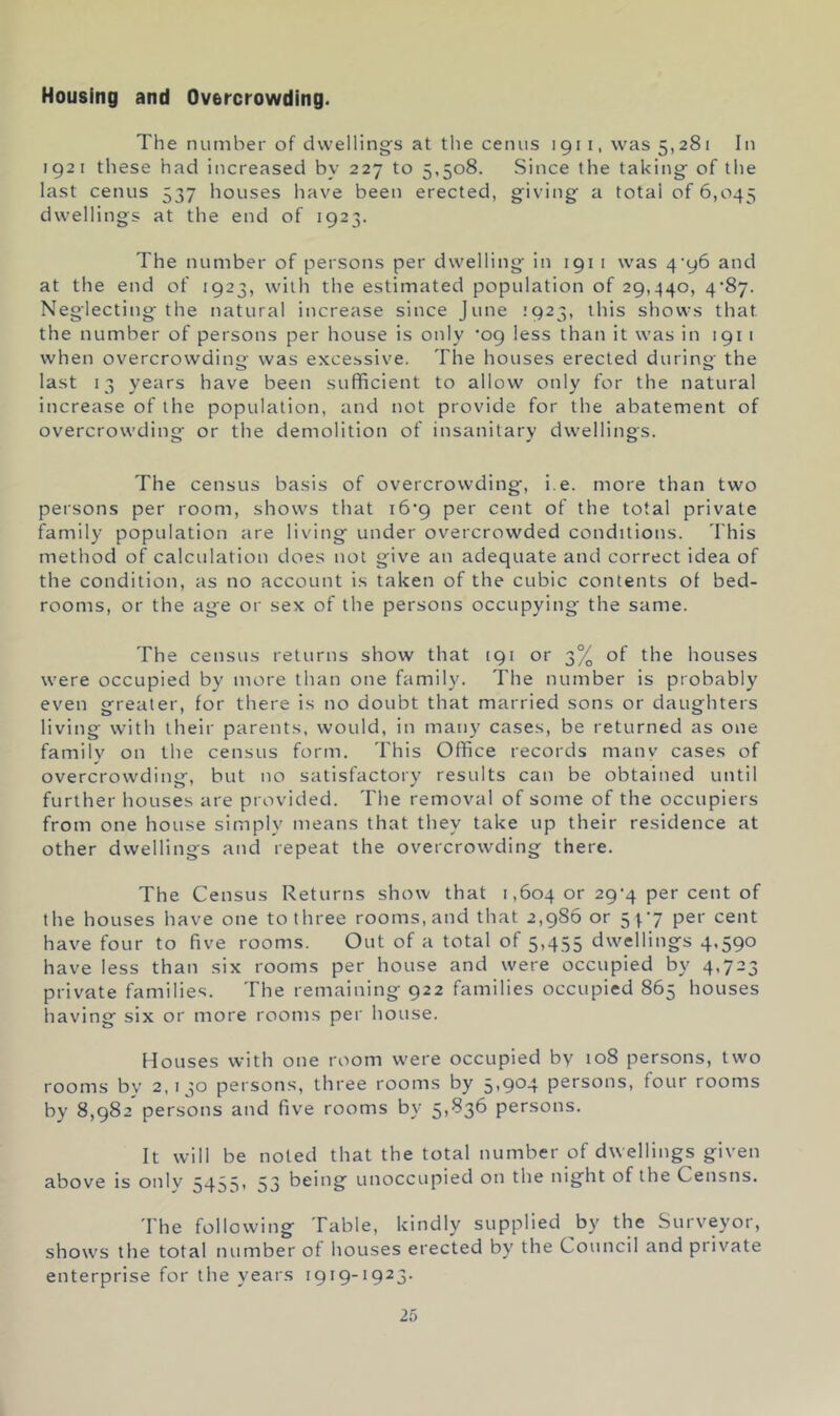 Housing and Overcrowding. The number of dwelling's at the cenus 1911, was 5,281 In 1921 these had increased by 227 to 5,508. Since the taking' of the last cenus 537 houses have been erected, gfiving a total of 6,045 dwellings at the end of 1923. The number of persons per dwelling- in 191 i was 4'96 and at the end of 1923, with the estimated population of 29,440, 4’87. Neglecting-the natural increase since June :923, this shows that the number of persons per house is only ’09 less than it was in 191 1 when overcrowding was excessive. The houses erected during- the last 13 years have been sufficient to allow only for the natural increase of the population, and not provide for the abatement of overcrowding or the demolition of insanitary dwellings. The census basis of overcrowding, i.e. more than two persons per room, shows that i6’9 per cent of the total private family population are living under overcrowded conditions. This method of calculation does not give an adequate and correct idea of the condition, as no account is taken of the cubic contents of bed- rooms, or the age or sex of the persons occupying- the same. The census returns show that 191 or 3% of the houses were occupied by more than one family. The number is probably even greater, for there is no doubt that married sons or dau ghters living with their parents, would, in many cases, be returned as one familv on the census form. This Office records manv cases of overcrowdinjr, but no satisfactorv results can be obtained until further houses are provided. The removal of some of the occupiers from one house simply means that they take up their residence at other dwellings and repeat the overcrowding there. The Census Returns show that i ,604 or 29-4 per cent of the houses have one to three rooms, and that 2,986 or 54-7 per cent have four to five rooms. Out of a total of 5,455 dwellings 4,590 have less than six rooms per house and were occupied by 4,723 private families. The remaining 922 families occupied 865 houses having six or more rooms per house. Houses with one room were occupied by 108 persons, two rooms bv 2,130 persons, three rooms by 5>9'^4 persons, four rooms by 8,982 persons and five rooms by 5,^36 persons. It will be noted that the total number of dwellings given above is onlv 54551 53 being unoccupied on the night of the Census. 'I'he following Table, kindly supplied by the Surveyor, shows the total number of houses erected by the Council and private enterprise for the years 1919-1923.