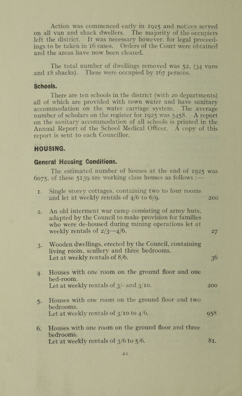 Action was commenced early in 1925 and notices served on all van and shack dwellers. The majority of the occupiers left the district. It was necessary however, for legal proceed- ings to be taken in 16 cases. Orders of the Court were obtained and the areas have now been cleared. The total number of dwellings removed was 52, (34 vans and 18 shacks). These were occupied by 167 persons. Schools. There are ten schools in the district (with 20 departments) all of which are provided with town water and have sanitar}^ accommodation on the water carriage system. The average number of scholars on the register for 1925 was 5458. A report on the sanitary accommodation of all schools is printed in the Annual Report of the School Medical Officer. A copy of this report is sent to each Councillor. HOUSING. General Housing Conditions. The estimated number of houses at the end of 1925 was 6075, of these 5139 are working class houses as follows :— 1. Single storey cottages, containing two to four rooms and let at weekly rentals of 4/6 to 6/9. 200 2. An old interment war camp consisting of army huts, adapted by the Council to make provision for families who were de-housed during mining operations let at weekly rentals of 2/3—4/6. 27 3. Wooden dwellings, erected by the Council, containing living room, scullery and three bedrooms. Let at weekly rentals of 8/6. 36 4. Houses with one room on the ground floor and one bed-room. Let at weekly rentals of 3/- and 3/10. 200 5. Houses with one room on the ground floor and two bedrooms. Let at weekly rentals of 3/10 to 4/6. 958 6. Houses with one room on the ground floor and three bedrooms. Let at weekly rentals of 3/6 to 5/6. 81.