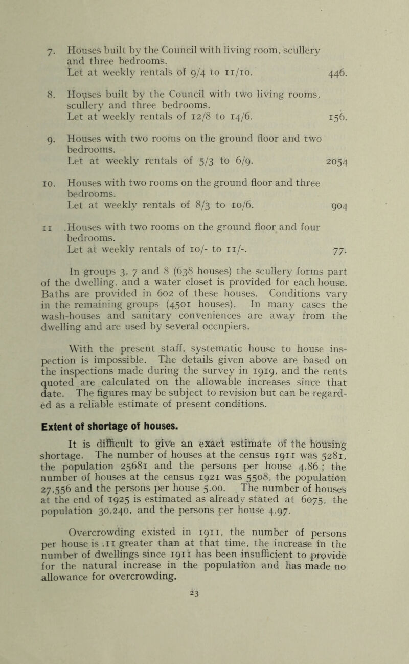 7- Houses built by the Council with living room, scullery and three bedrooms. Let at weekly rentals of 9/4 to ii/io. 446. 8. Houses built by the Council with two living rooms, scullery and three bedrooms. Let at weekly rentals of 12/8 to 14/6. 156. 9. Houses with two rooms on the ground floor and two bedrooms. Let at weekly rentals of 5/3 to 6/9. 2054 10. Houses with two rooms on the ground floor and three bedrooms. Let at weekly rentals of 8/3 to 10/6. 904 II .Houses with two rooms on the ground floor and four bedrooms. Let at weekly rentals of 10/- to ii/-. 77. In groups 3, 7 and 8 (638 houses) the scullery forms part of the dwelling, and a water closet is provided for each house. Baths are provided in 602 of these houses. Conditions vary in the remaining groups (4501 houses). In many cases the wash-houses and sanitar}^ conveniences are away from the dwelling and are used by several occupiers. With the present staff, systematic house to house ins- pection is impossible. The details given above are based on the inspections made during the survey in 1919, and the rents quoted are calculated on the allowable increases since that date. The figures may be subject to revision but can be regard- ed as a reliable estimate of present conditions. Extent of shortage of houses. It is difficult to give an exact estimate of the hbusing shortage. The number of houses at the census 1911 was 5281, the population 25681 and the persons per house 4.86 ; the number of houses at the census 1921 was 5508, the population 27,556 and the persons per house 5.00. , The number of houses at the end of 1925 is estimated as already stated at 6075, the population 30,240, and the persons per house 4.97. Overcrowding existed in 1911, the numiber of persons per house is .11 greater than at that time, the increase in the number of dwellings since 1911 has been insufficient to provide for the natural increase in the population and has made no allowance for overcrowding.