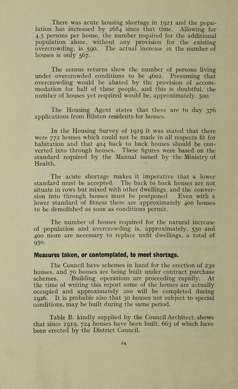 There was acute housing shortage in 1921 and the popu- lation has increased by 2684 since that time. Allowing for 4.5 persons per house, the number required for the additional population alone, without any provision for the existing overcrowding, is 590. The actual increase in the number of houses is only 567. The census returns show the number of persons living under overcrowded conditions to be 4602. Presuming that overcrowding would be abated by the provision of accom- modation for half of these people, and this is doubtful, the number of houses yet required would be, approximately, 500. The Housing Agent states that there are to day 376 applications from Bilston residents for houses. In the Housing Survey of 1919 it was stated that there were 772 houses which could not be made in all respects fit for habitation and that 404 back to back houses should be con- verted into through houses. These figures were based on the standard required by the Manual issued by the Ministry of Health. The acute shortage makes it imperative that a lower standard must be accepted. The back to back houses are not situate in rows but mixed with other dwellings, and the conver- sion into through houses must be postponed Even with a lower standard of fitness there are approximately 400 houses to be demolished as soon as conditions permit. The number of houses required for the natural increase of population and overcrowding is, approximately, 550 and 400 more are necessary to replace unfit dwellings, a total of 950. Measures taken, or contemplated, to meet shortage. The Council have schemes in hand for the erection of 230 houses, and 70 houses are being built under contract purchase schemes. Building operations are proceeding rapidly. At the time of writing this report some of the houses are actually occupied and approximately 200 will be completed during 1926. It is probable also that 30 houses not subject to special conditions, may be built during the same period. Table B. kindly supplied by the Council Architect, shows that since 1919, 724 houses have been built, 663 of which have been erected by the District Council.