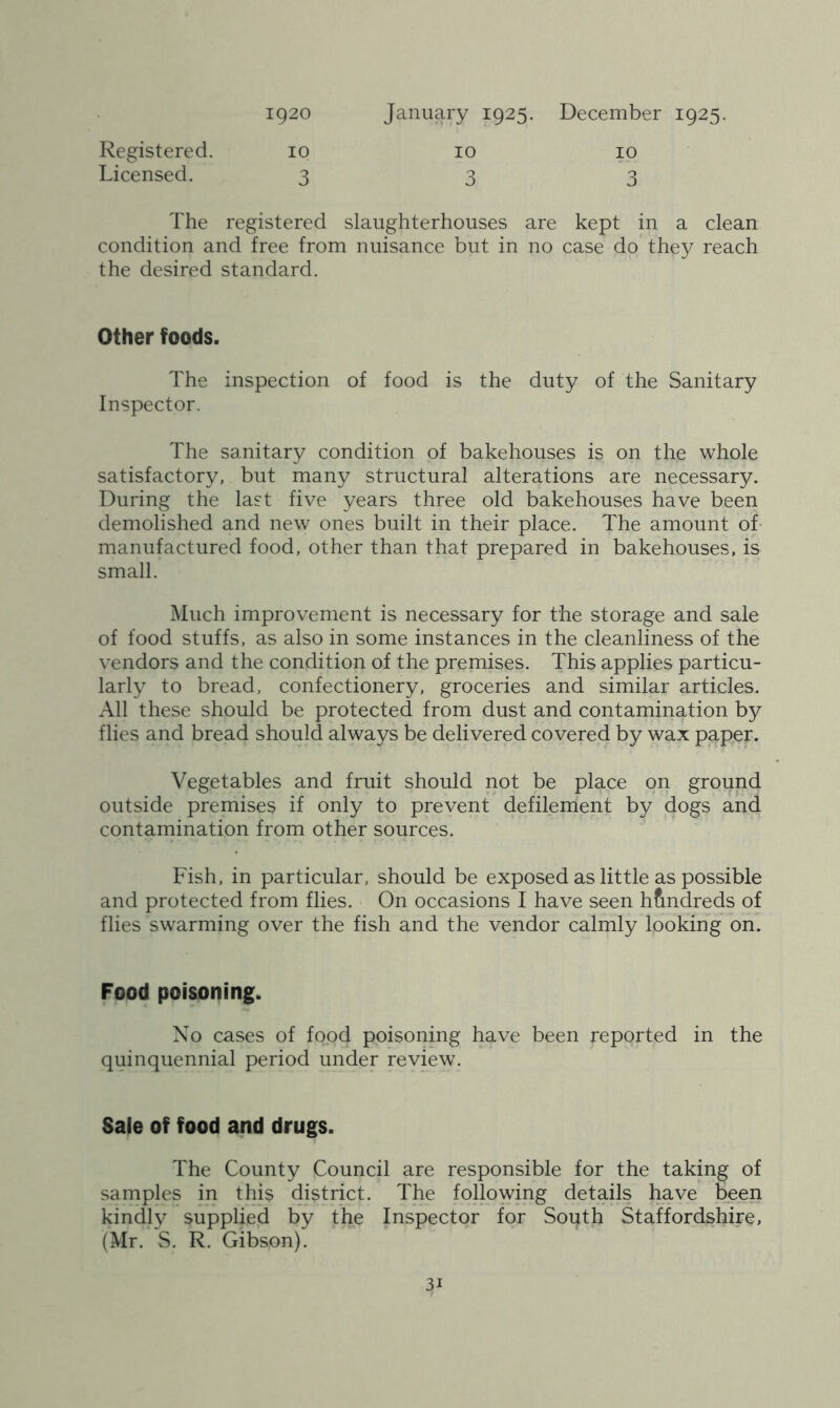 Registered. Licensed. 1920 10 3 January 1925. December 1925. 10 10 3 3 The registered slaughterhouses are kept in a clean condition and free from nuisance but in no case do they reach the desired standard. Other foods. The inspection of food is the duty of the Sanitary Inspector. The sanitary condition of bakehouses is on the whole satisfactory, but many structural alterations are necessary. During the last five years three old bakehouses have been demolished and new ones built in their place. The amount of- manufactured food, other than that prepared in bakehouses, is small. Much improvement is necessary for the storage and sale of food stuffs, as also in some instances in the cleanliness of the vendors and the condition of the premises. This applies particu- larly to bread, confectionery, groceries and similar articles. All these should be protected from dust and contamination by flies and bread should always be delivered covered by wax paper. Vegetables and fruit should not be place on ground outside premises if only to prevent defilement by dogs and contamination from other sources. Fish, in particular, should be exposed as little as possible and protected from flies. On occasions I have seen hundreds of flies swarming over the fish and the vendor calmly looking on. Food poisoning. No cases of food poisoning have been reported in the quinquennial period under review. Sale of food and drugs. The County Council are responsible for the taking of samples in this district. The following details have been kindly supplied by the Inspector for South Staffordshire, (Mr. S. R. Gibson). V