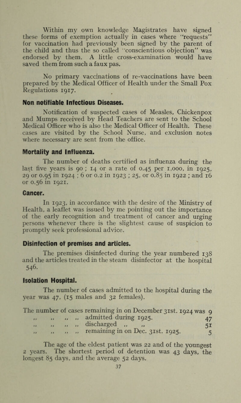 Within my own knowledge Magistrates have signed these forms of exemption actually in cases where “requests’ for vaccination had previously been signed by the parent of the child and thus the so called “conscientious objection” was endorsed by them. A little cross-examination would have saved them from such a faux pas. No primary vaccinations of re-vaccinations have been prepared by the Medical Officer of Health under the Small Pox Regulations 1917. Non notifiable Infectious Diseases. Notification of suspected cases of Measles, Chickenpox and Mumps received by Head Teachers are sent to the School Medical Officer who is also the Medical Officer of Health. These cases are visited by the School Nurse, and exclusion notes where necessary are sent from the office. Mortality and Influenza. The number of deaths certified as influenza during the last five years is 90 ; 14 or a rate of 0.45 per 1,000, in 1925, 29 or 0.95 in 1924 ; 6 or 0.2 in 1923 ; 25, or 0.85 in 1922 ; and 16 or 0.56 in 1921. Cancer. In 1923, in accordance with the desire of the Ministry of Health, a leaflet was issued by me pointing out the importance of the early recognition and treatment of cancer and urging persons whenever there is the slightest cause of suspicion to promptly seek professional advice. Disinfection of premises and articles. The premises disinfected during the year numbered 138 and the articles treated in the steam disinfector at the hospital 546. Isolation Hospital. The number of cases admitted to the hospital during the year was 47, (15 males and 32 females). The number of cases remaining in on December 31st. 1924 was 9 ,, ,, ,, ., admitted during 1925. 47 ., ,, ,, ,, discharged ,, ,, 51 ,, ,, ,, ,, remaining in on Dec. 31st. 1925. 5 The age of the eldest patient was 22 and of the youngest 2 years. The shortest period of detention was 43 days, the longest 85 days, and the average 52 days.