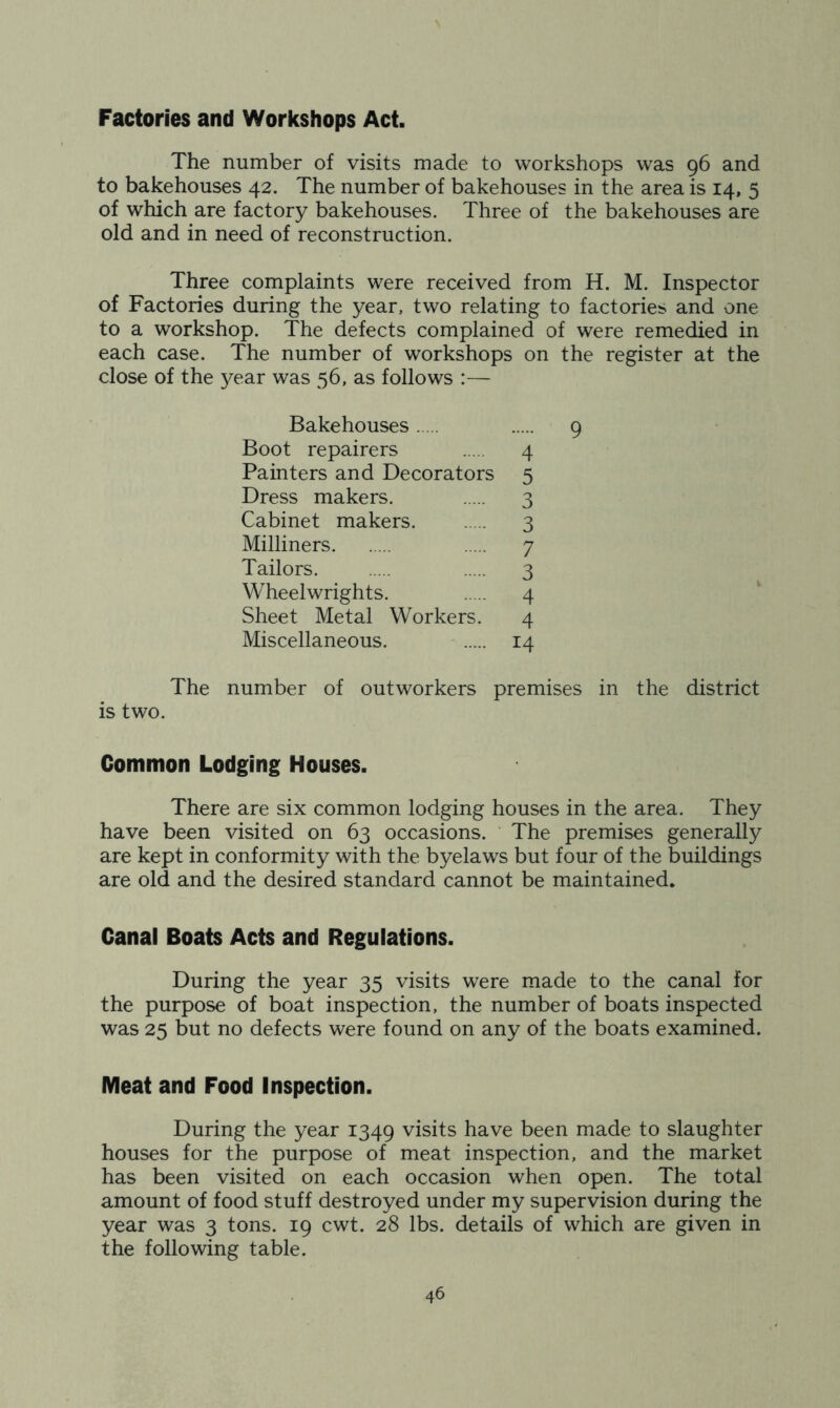 Factories and Workshops Act. The number of visits made to workshops was 96 and to bakehouses 42. The number of bakehouses in the area is 14, 5 of which are factory bakehouses. Three of the bakehouses are old and in need of reconstruction. Three complaints were received from H. M. Inspector of Factories during the year, two relating to factories and one to a workshop. The defects complained of were remedied in each case. The number of workshops on the register at the close of the year was 56, as follows :— Bakehouses 9 Boot repairers 4 Painters and Decorators 5 Dress makers. 3 Cabinet makers 3 Milliners 7 Tailors 3 Wheelwrights. 4 Sheet Metal Workers. 4 Miscellaneous. 14 The number of outworkers premises in the district is two. Common Lodging Houses. There are six common lodging houses in the area. They have been visited on 63 occasions. The premises generally are kept in conformity with the byelaws but four of the buildings are old and the desired standard cannot be maintained. Canal Boats Acts and Regulations. During the year 35 visits were made to the canal for the purpose of boat inspection, the number of boats inspected was 25 but no defects were found on any of the boats examined. Meat and Food Inspection. During the year 1349 visits have been made to slaughter houses for the purpose of meat inspection, and the market has been visited on each occasion when open. The total amount of food stuff destroyed under my supervision during the year was 3 tons. 19 cwt. 28 lbs. details of which are given in the following table.