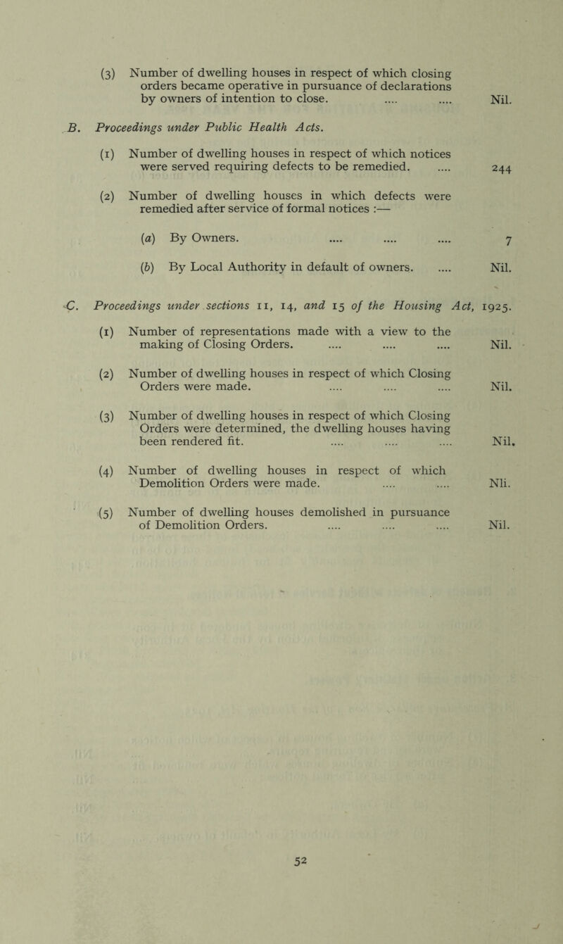 (3) Number of dwelling houses in respect of which closing orders became operative in pursuance of declarations by owners of intention to close. .... .... Nil. B. Proceedings under Public Health Acts. (i) Number of dwelling houses in respect of which notices were served requiring defects to be remedied. .... 244 {2) Number of dwelhng houses in which defects were remedied after service of formal notices :— {a) By Owners. .... .... .... 7 (6) By Local Authority in default of owners Nil. C. Proceedings under sections ii, 14, and 15 0/ the Housing Act, 1925. (1) Number of representations made with a view to the making of Closing Orders. .... .... .... Nil. (2) Number of dwelling houses in respect of which Closing Orders were made. .... .... .... Nil. (3) Number of dwelling houses in respect of which Closing Orders were determined, the dwelling houses having been rendered fit. .... .... .... Nil. (4) Number of dwelling houses in respect of which Demolition Orders were made. .... .... Nli. (5) Number of dwelling houses demolished in pursuance of Demolition Orders. .... .... .... Nil.