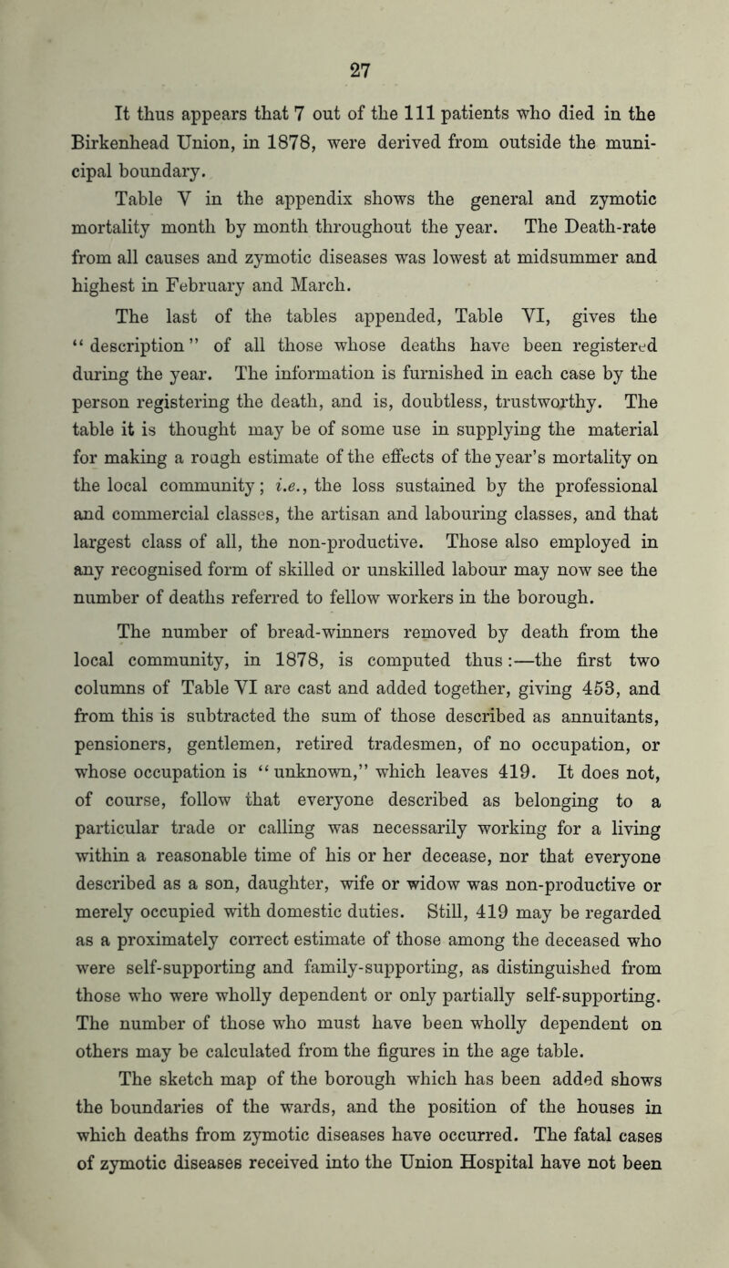 It thus appears that 7 out of the 111 patients who died in the Birkenhead Union, in 1878, were derived from outside the muni- cipal boundary. Table V in the appendix shows the general and zymotic mortality month by month throughout the year. The Death-rate from all causes and zymotic diseases was lowest at midsummer and highest in February and March. The last of the tables appended. Table VI, gives the “description” of all those whose deaths have been registered during the year. The information is furnished in each case by the person registering the death, and is, doubtless, trustworthy. The table it is thought may be of some use in supplying the material for making a rough estimate of the effects of the year’s mortality on the local community; i.e., the loss sustained by the professional and commercial classes, the artisan and labouring classes, and that largest class of all, the non-productive. Those also employed in any recognised form of skilled or unskilled labour may now see the number of deaths referred to fellow workers in the borough. The number of bread-winners removed by death from the local community, in 1878, is computed thus:—the first two columns of Table VI are cast and added together, giving 453, and from this is subtracted the sum of those described as annuitants, pensioners, gentlemen, retired tradesmen, of no occupation, or whose occupation is “ unknown,” which leaves 419. It does not, of course, follow that everyone described as belonging to a particular trade or calling was necessarily working for a living within a reasonable time of his or her decease, nor that everyone described as a son, daughter, wife or widow was non-productive or merely occupied with domestic duties. Still, 419 may be regarded as a proximately correct estimate of those among the deceased who were self-supporting and family-supporting, as distinguished from those who were wholly dependent or only partially self-supporting. The number of those who must have been wholly dependent on others may be calculated from the figures in the age table. The sketch map of the borough which has been added shows the boundaries of the wards, and the position of the houses in which deaths from zymotic diseases have occurred. The fatal cases of zymotic diseases received into the Union Hospital have not been