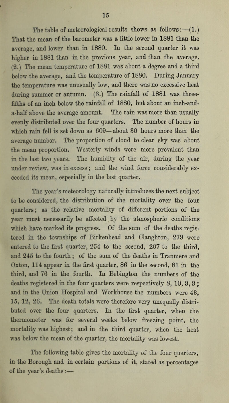 The table of meteorological results shows as follows:—(1.) That the mean of the barometer was a little lower in 1881 than the average, and lower than in 1880. In the second quarter it was higher in 1881 than in the previous year, and than the average. (2.) The mean temperature of 1881 was about a degree and a third below the average, and the temperature of 1880. During January the temperature was unusually low, and there was no excessive heat during summer or autumn. (3.) The rainfall of 1881 was three- fifths of an inch below the rainfall of 1880, but about an inch-and- a-half above the average amount. The rain was more than usually evenly distributed over the four quarters. The number of hours in which rain fell is set down as 609—about 30 hours more than the average number. The proportion of cloud to clear sky was about the mean proportion. Westerly winds were more prevalent than in the last two years. The humidity of the air, during the year under review, was in excess; and the wind force considerably ex- ceeded its mean, especially in the last quarter. The year’s meteorology naturally introduces the next subject to be considered, the distribution of the mortality over the four quarters; as the relative mortality of different portions of the year must necessarily be affected, by the atmospheric conditions which have marked its progress. Of the sum of the deaths regis- tered in the townships of Birkenhead and Claughton, 279 were entered to the first quarter, 254 to the second, 207 to the third, and 245 to the fourth ; of the sum of the deaths in Tranmere and Oxton, 114 appear in the first quarter, 86 in the second, 81 in the third, and 76 in the fourth. In Bebington the numbers of the deaths registered in the four quarters were respectively 8, 10, 3, 3 ; and in the Union Hospital and Workhouse the numbers were 43, 15, 12, 26. The death totals were therefore very unequally distri- buted over the four quarters. In the first quarter, when the thermometer was for several weeks below freezing point, the mortality was highest; and in the third quarter, when the heat w’as below the mean of the quarter, the mortality was lowest. The following table gives the mortality of the four quarters, in the Borough and in certain portions of it, stated as percentages of the year’s deaths :—