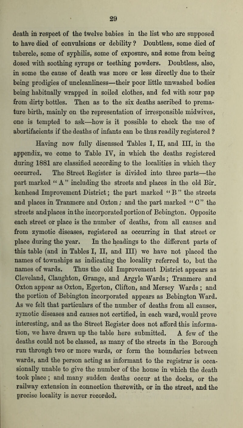 death in respect of the twelve babies in the list who are supposed to have died of convulsions or debility ? Doubtless, some died of tubercle, some of syphilis, some of exposure, and some from being dosed with soothing syrups or teething powders. Doubtless, also, in some the cause of death was more or less directly due to their being prodigies of uncleanliness—their poor little unwashed bodies being habitually wrapped in soiled clothes, and fed with sour pap from dirty bottles. Then as to the six deaths ascribed to prema- ture birth, mainly on the representation of irresponsible midwives, one is tempted to ask—^how is it possible to check the use of abortifacients if the deaths of infants can be thus readily registered ? Having now fully discussed Tables I, II, and III, in the appendix, we come to Table IV, in which the deaths registered during 1881 are classified according to the localities in which they occurred. The Street Register is divided into three parts—the part marked “ A” including the streets and places in the old Bir. kenhead Improvement District; the part marked “B” the streets and places in Tranmere and Oxton; and the part marked “ C” the streets and places in the incorporated portion of Bebington. Opposite each street or place is the number of deaths, from all causes and from zymotic diseases, registered as occurring in that street or place during the year. In the headings to the different parts of this table (and in Tables I, H, and III) we have not placed the names of townships as indicating the locality referred to, but the names of wards. Thus the old Improvement District appears as Cleveland, Claughton, Grange, and Argyle Wards; Tranmere and Oxton appear as Oxton, Egerton, Clifton, and Mersey Wards ; and the portion of Bebington incorporated appears as Bebington Ward. As we felt that particulars of the number of deaths from all causes, zymotic diseases and causes not certified, in each ward, would prove interesting, and as the Street Register does not afford this informa- tion, we have drawn up the table here submitted. A few of the deaths could not be classed, as many of the streets in the Borough run through two or more wards, or form the boundaries between wards, and the person acting as informant to the registrar is occa- sionally unable to give the number of the house in which the death took place ; and many sudden deaths occur at the docks, or the railway extension in connection therewith, or in the street, and the precise locality is never recorded.