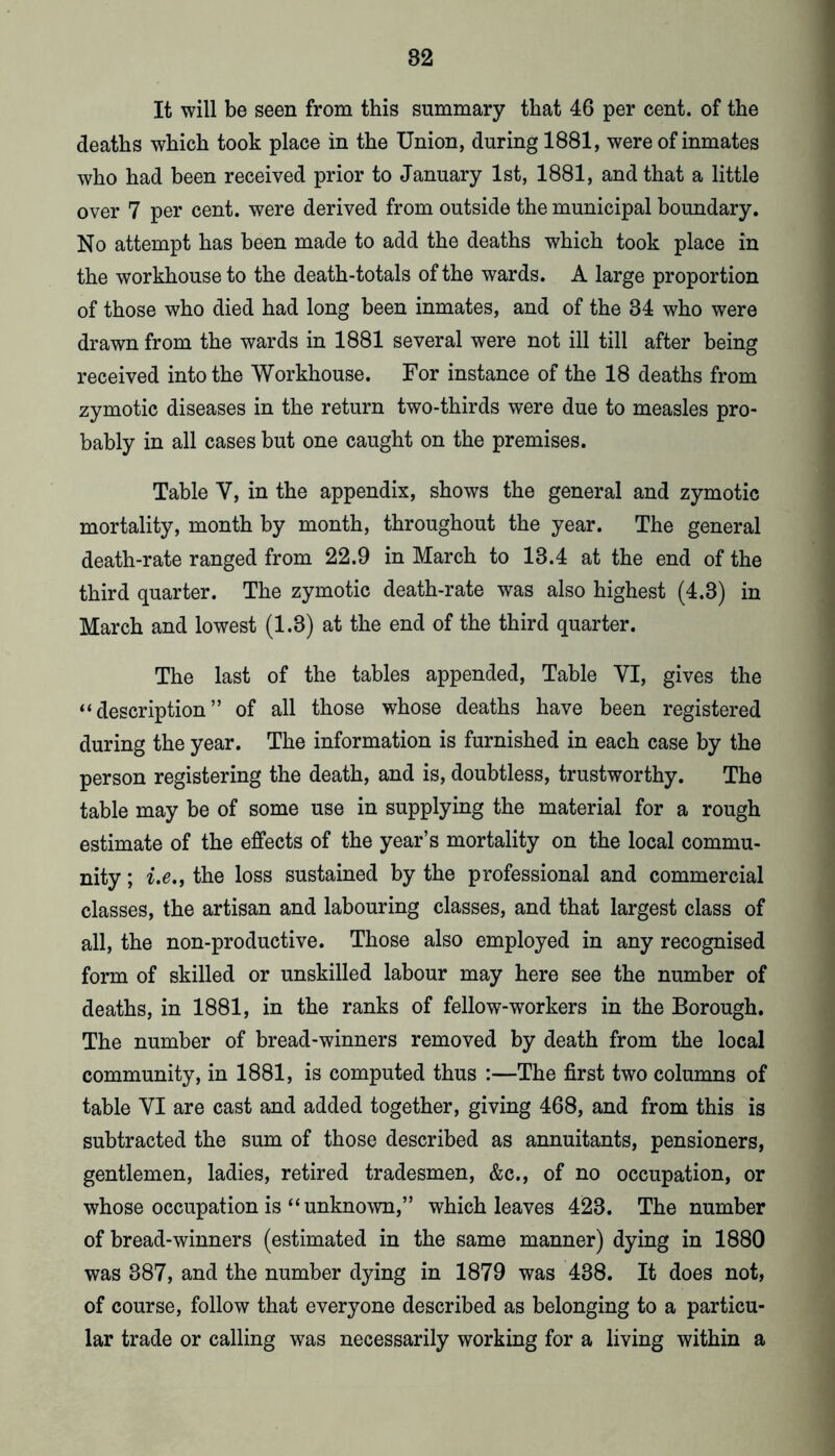 It will be seen from this summary that 46 per cent, of the deaths which took place in the Union, during 1881, were of inmates who had been received prior to January 1st, 1881, and that a little over 7 per cent, were derived from outside the municipal boundary. No attempt has been made to add the deaths which took place in the workhouse to the death-totals of the wards. A large proportion of those who died had long been inmates, and of the 34 who were drawn from the wards in 1881 several were not ill till after being received into the Workhouse. For instance of the 18 deaths from zymotic diseases in the return two-thirds were due to measles pro- bably in all cases but one caught on the premises. Table V, in the appendix, shows the general and zymotic mortality, month by month, throughout the year. The general death-rate ranged from 22.9 in March to 13.4 at the end of the third quarter. The zymotic death-rate was also highest (4.3) in March and lowest (1.3) at the end of the third quarter. The last of the tables appended. Table VI, gives the “description” of all those whose deaths have been registered during the year. The information is furnished in each case by the person registering the death, and is, doubtless, trustworthy. The table may be of some use in supplying the material for a rough estimate of the effects of the year’s mortality on the local commu- nity ; i.e.i the loss sustained by the professional and commercial classes, the artisan and labouring classes, and that largest class of all, the non-productive. Those also employed in any recognised form of skilled or unskilled labour may here see the number of deaths, in 1881, in the ranks of fellow-workers in the Borough. The number of bread-winners removed by death from the local community, in 1881, is computed thus :—The first two columns of table VI are cast and added together, giving 468, and from this is subtracted the sum of those described as annuitants, pensioners, gentlemen, ladies, retired tradesmen, &c., of no occupation, or whose occupation is “ unknown,” which leaves 423. The number of bread-winners (estimated in the same manner) dying in 1880 was 387, and the number dying in 1879 was 438. It does not, of course, follow that everyone described as belonging to a particu- lar trade or calling was necessarily working for a living within a