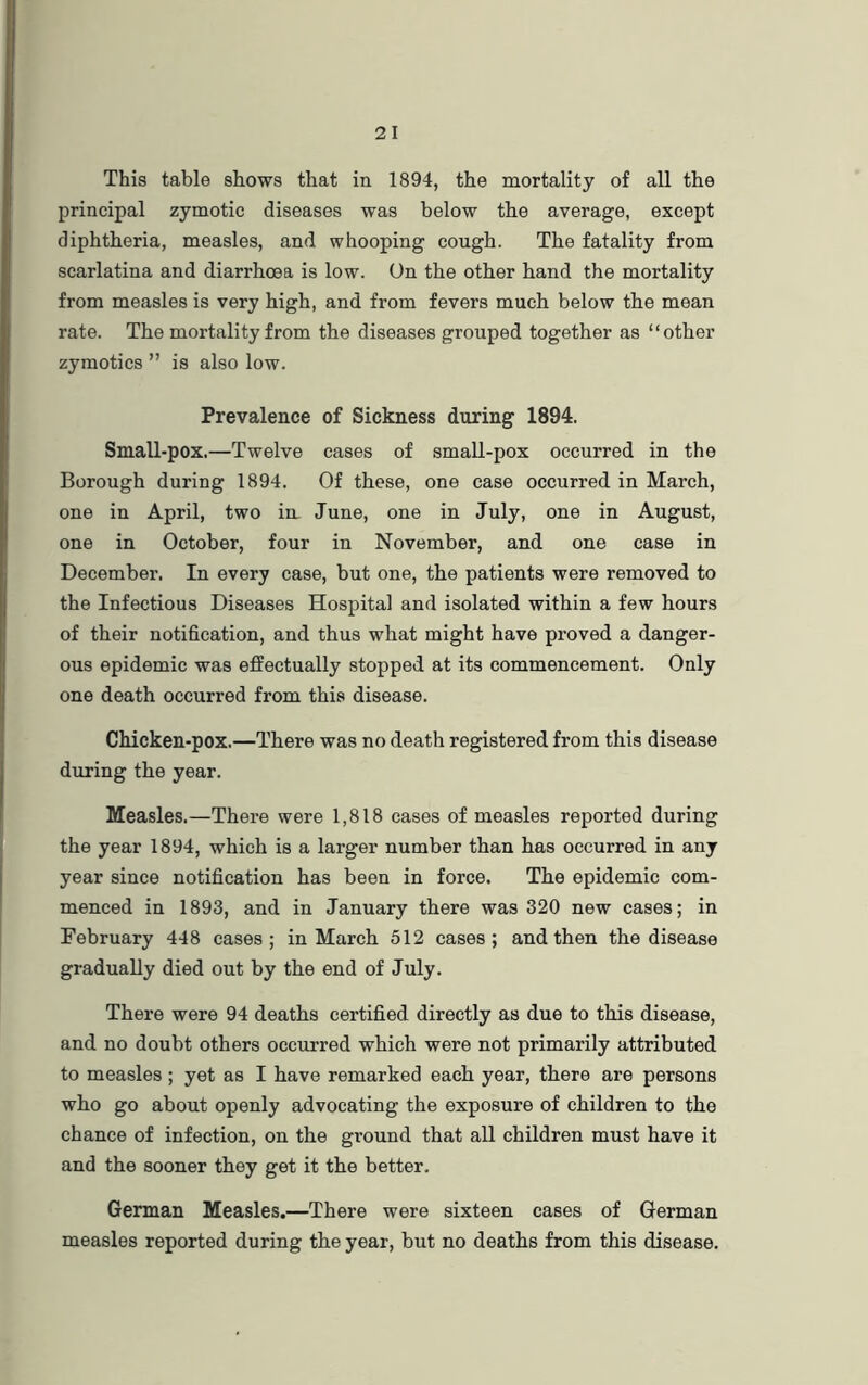 This table shows that in 1894, the mortality of all the principal zymotic diseases was below the average, except diphtheria, measles, and whooping cough. The fatality from scarlatina and diarrhoea is low. On the other hand the mortality from measles is very high, and from fevers much below the mean rate. The mortality from the diseases grouped together as “other zymotics ” is also low. Prevalence of Sickness during 1894. Small-pox.—Twelve cases of small-pox occurred in the Borough during 1894. Of these, one case occurred in March, one in April, two in June, one in July, one in August, one in October, four in November, and one case in December. In every case, but one, the patients were removed to the Infectious Diseases Hospital and isolated within a few hours of their notification, and thus what might have proved a danger- ous epidemic was effectually stopped at its commencement. Only one death occurred from this disease. Chicken-pox.—There was no death registered from this disease during the year. Measles.—There were 1,818 cases of measles reported during the year 1894, which is a larger number than has occurred in any year since notification has been in force. The epidemic com- menced in 1893, and in January there was 320 new cases; in February 448 cases; in March 512 cases; and then the disease gradually died out by the end of July. There were 94 deaths certified directly as due to this disease, and no doubt others occurred which were not primarily attributed to measles ; yet as I have remarked each year, there are persons who go about openly advocating the exposure of children to the chance of infection, on the ground that all children must have it and the sooner they get it the better. German Measles.—There were sixteen cases of German measles reported during the year, but no deaths from this disease.