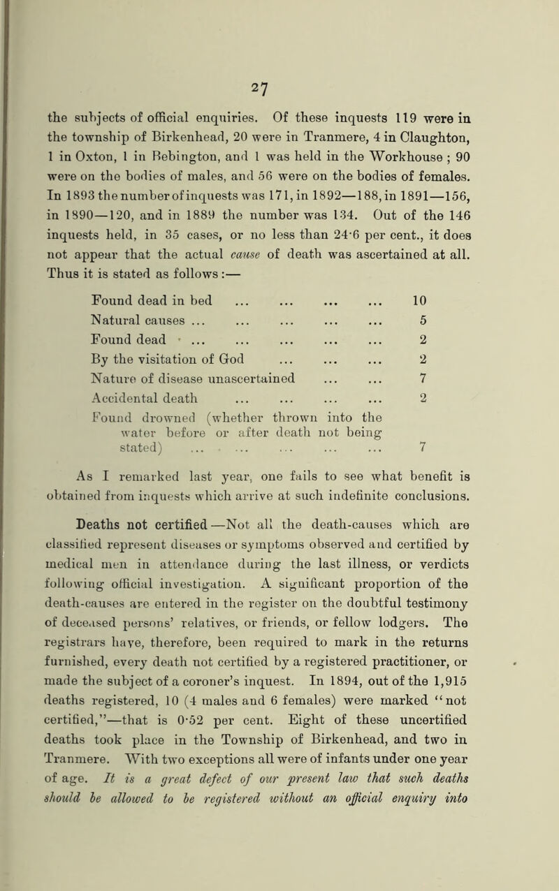 the subjects of official enquiries. Of these inquests 119 were in the township of Bii’kenhead, 20 were in Tranmere, 4 in Claughton, 1 in Oxton, 1 in Rebington, and 1 was held in the Workhouse ; 90 were on the bodies of males, and 56 were on the bodies of females. In 1893 the number of inquests was 171, in 1892—188, in 1891—156, in 1890—120, and in 1889 the number was 134. Out of the 146 inquests held, in 35 cases, or no less than 24-6 per cent., it does not appear that the actual cause of death was ascertained at all. Thus it is stated as follows :— Found dead in bed ... ... ... ... 10 Natural causes ... ... ... ... ... 5 Found dead - ... ... ... ... ... 2 By the visitation of God ... ... ... 2 Nature of disease unascertained ... ... 7 Accidental death ... ... ... ... 2 Found drowned (whether thrown into the water before or after death not being stated) ... ... ... ... ... 7 As I remarked last year, one fails to see what benefit is obtained from inquests which arrive at such indefinite conclusions. Deaths not certified —Not all the death-causes which are classified represent diseases or symptoms observed and certified by medical men in attendance during the last illness, or verdicts following official investigation. A significant proportion of the death-causes are entered in the register on the doubtful testimony of dece.ised persons’ relatives, or friends, or fellow lodgers. The registrars have, therefore, been required to mark in the returns furnished, every death not certified by a registered practitioner, or made the subject of a coroner’s inquest. In 1894, out of the 1,915 deaths registered, 10 (4 males and 6 females) were marked “not certified,”—that is 0-52 per cent. Eight of these uncertified deaths took place in the Township of Birkenhead, and two in Tranmere. AYith two exceptions all were of infants under one year of age. It is a great defect of our 'present law that such deaths should he allowed to he registered without an official enquiry into