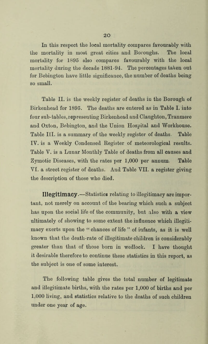 In this respect the local mortality compares favourably with the mortality in most great cities and Boroughs. The local mortality for 1895 also compares favourably with the local mortality during the decade 1881-94. The percentages taken out for Bebington have little significance, the number of deaths being so small. Table II. is the weekly register of deaths iu the Borough of Birkenhead for 1895. The deaths are entered as in Table I. into four sub-tables,representing Birkenhead and Claughton, Tranmere and Oxton, Bebington, and the Union Hospital and Workhouse. Table III. is a summary of the weekly register of deaths. Table IV. is a Weekly Condensed Register of meteorological results. Table V. is a Lunar Monthly Table of deaths from all causes and Zymotic Diseases, with the rates per 1,000 per annum. Table VI. a street register of deaths. And Table VII. a register giving the description of those who died. Illegitimacy.—Statistics relating to illegitimacy are impor- tant, not merely on account of the bearing which such a subject has upon the social life of the community, but also with a view ultimately of showing to some extent the influence which illegiti- macy exerts upon the “ chances of life ” of infants, as it is well known that the death-rate of illegitimate children is considerably greater than that of those born in wedlock. I have thought it desirable therefore to continue these statistics in this report, as the subject is one of some interest. The following table gives the total number of legitimate and illegitimate births, with the rates per 1,000 of births and per 1,000 living, and statistics relative to the deaths of such children under one year of age.