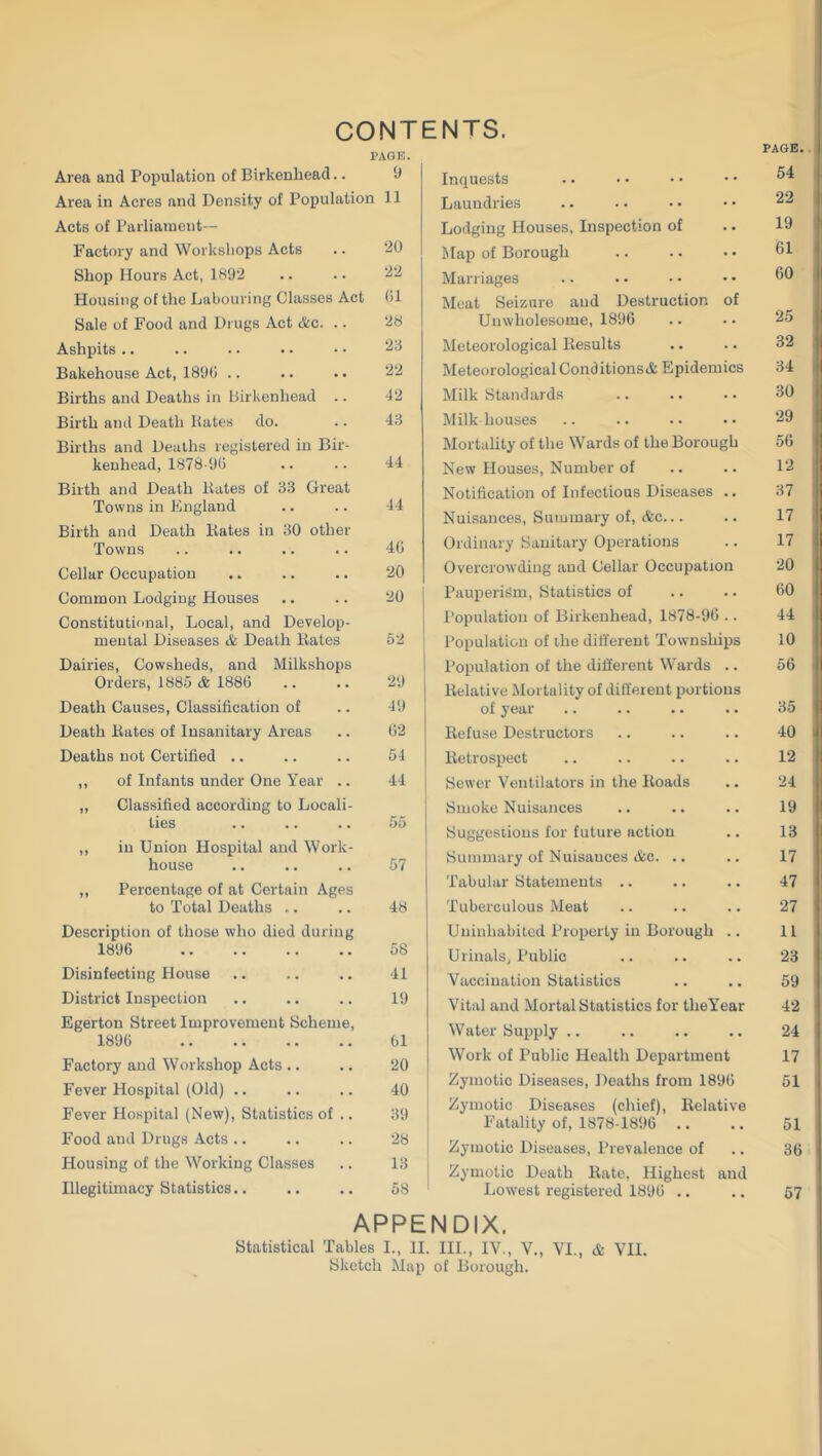 CONTENTS. PAGE. Area and Population of Birkenhead.. 9 Area in Acres and Density of Population 11 Acts of Parliament- Factory and Workshops Acts .. 20 Shop Hours Act, 1892 .. . ■ 2*2 Housing of the Labouring Classes Act 01 Sale of Food and Drugs Act &c. .. 28 Ashpits .. .. . • • • • • 23 Bakehouse Act, 1890 .. .. .. 22 Births and Deaths in Birkenhead .. 42 Birth and Death Kates do. .. 43 Births and Deaths registered in Bir- kenhead, 1878-90 .. .. 44 Birth and Death Kates of 33 Great Towns in England .. .. 44 Birth and Death Kates in 30 other Towns .. .. .. .. 40 Cellar Occupation .. .. .. 20 Common Lodging Houses .. .. 20 Constitutional, Local, and Develop- mental Diseases & Death Kates 5*2 Dairies, Cowsheds, and Milkshops Orders, 1885 & 1880 .. .. 29 Death Causes, Classification of .. 49 Death Kates of Insanitary Areas .. 02 Deaths not Certified .. .. .. 54 ,, of Infants under One Year .. 44 „ Classified according to Locali- ties .. .. .. 55 ,, in Union Hospital and Work- house .. .. .. 57 ,, Percentage of at Certain Ages to Total Deaths .. .. 48 Description of those who died during 1896 58 Disinfecting Plouse .. .. .. 41 District Inspection .. .. .. 19 Egerton Street Improvement Scheme, 1896 61 Factory and Workshop Acts .. .. 20 Fever Hospital (Old) .. .. .. 40 Fever Hospital (New), Statistics of .. 39 Food and Drugs Acts .. .. .. 28 Housing of the Working Classes .. 13 Illegitimacy Statistics 58 Inquests Laundries Lodging Houses, Inspection of Map of Borough Marriages Meat Seizure and Destruction of Unwholesome, 1896 Meteorological Results Meteorological Conditions & Epidemics Milk Standards Milk houses Mortality of the Wards of the Borough New Houses, Number of Notification of Infectious Diseases .. Nuisances, Summary of, &c... Ordinary Sanitary Operations Overcrowding and Cellar Occupation Pauperism, Statistics of Population of Birkenhead, 1878-96 .. Population of the different Townships Population of the different Wards .. Relative Mortality of different portions of year Refuse Destructors Retrospect Sewer Ventilators in the Roads Smoke Nuisances Suggestions for future action Summary of Nuisances &c. .. Tabular Statements .. Tuberculous Meat Uninhabited Property in Borough .. Urinals, Public Vaccination Statistics Vital and Mortal Statistics for tlieYear Water Supply .. Work of Public Health Department Zymotic Diseases, Deaths from 1896 Zymotic Diseases (chief), Relative Fatality of, 1878-1896 .. Zymotic Diseases, Prevalence of Zymotic Death Rate, Highest and Lowest registered 1896 .. APPENDIX. Statistical Tables I., II. III., IV., V., VI., & VII. Sketch Map of Borough. PAGE. 54 22 19 61 60 25 32 34 30 29 56 12 37 17 17 20 60 44 10 56 35 40 12 24 19 13 17 47 27 11 23 59 42 24 17 51 51 36 57