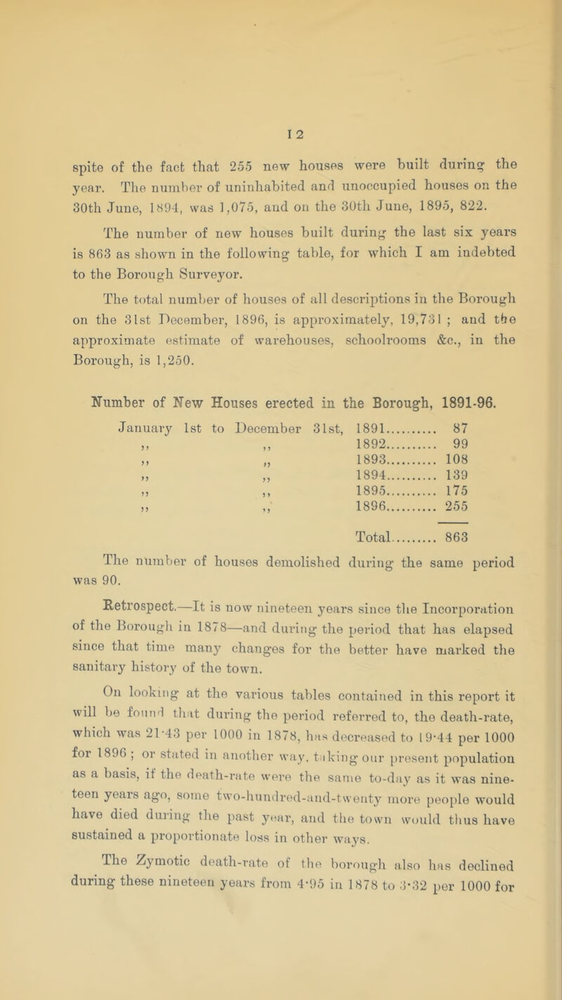 spite of the fact that 255 new houses were built during the year. The number of uninhabited and unoccupied houses on the 30th June, 1894, was 1,075, and on the 30th June, 1895, 822. The number of new houses built during the last six years is 863 as shown in the following table, for which I am indebted to the Borough Surveyor. The total number of houses of all descriptions in the Borough on the 3lst December, 1896, is approximately, 19,731 ; and the approximate estimate of warehouses, schoolrooms &c., in the Borough, is 1,250. Number of New Houses erected in the Borough, 1891-96. January 1st to December 31st, 1891 .... 87 1 1 1892 .... 99 f > 1893 .... 108 M 1894 .... 139 >> > » 1895 .... 175 >> * > 1896 .... 255 Total .... 863 The number of houses demolished during the same period was 90. Retrospect.—It is now nineteen years since the Incorporation of the Borough in 1878—and during the period that has elapsed since that time many changes for the better have marked the sanitary history of the town. On looking at the various tables contained in this report it will be found that during the period referred to, the death-rate, which was 2D43 per 1000 in 1878, has decreased to 19’44 per 1000 for 1896 ; or stated in another way, taking our present population as a basis, if the death-rate were the same to-day as it was nine- teen years ago, some two-hundred-and-twenty more people would have died during the past year, and the town would thus have sustained a proportionate loss in other ways. The Zymotic death-rate of the borough also has declined during these nineteen years from 4-95 in 1878 to 3*32 per 1000 for