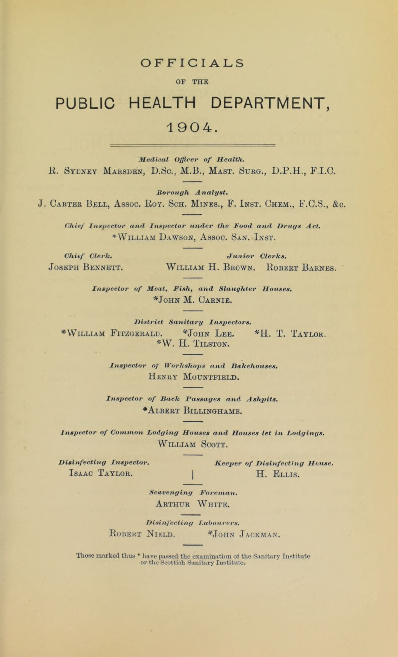 OFFICIALS OF THE PUBLIC HEALTH DEPARTMENT, 1904. Medical Officer of Health. K. Sydney Maksden, D.Sc., M.B., Mast. Sukg., D.P.H., F.I.C. Itorough Analynt. J. Carter Bell, Assoc. Eoy. Sch. Mines., F. Inst. Chem., F.G.S., &c. Chief IiiMpeetor and Inspector under the Food and Drugs Act, •William Dawson, Assoc. San. Inst. Chief Clerk. tiunior Clerks. Joseph Bennett. William H. Brown. Robert Barnes. Inspector of Meat, Fish, and Slaughter Houses, '*^JoHN M. Carnie. District Sanitary Insijectors. ’’^William Fiteoerald. *‘John Lee. *H. T. Taylor. *\W. H. Tilston. Inspector of Workshops and Hakehottses. Henry Mountfield. Inspector of Hack Passages and Ashpits. ♦Albert Billinghame. Inspector of Common. Lodging Houses and Houses let in Lodgings. William Scott. Disinfecting Inspector. Keeper of Disinfecting House. Isaac Taylor. | H. Ellis. Scavenging Foreman. Arthur White. JUsinj'ecting Lahourers. Robert Niei.d. *John Jackman. Tho.se marked thu.s * liave pa.s8ed the examination of tlie Sanitary Institute or the Scottish Sanitary Institute.