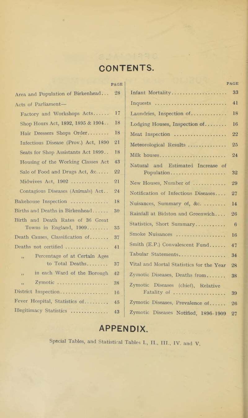 CONTENTS. PAGE Area and Population of Birkenhead... 28 Acts of Parliament— Factory and Workshops Acts 17 Shop Hours Act, 1892, 1895 & 1904. . 18 Hair Dressers Shops Order 18 Infectious Disease (Prov.) Act, 1890 21 Seats for Shop Assistants Act 1899. . 18 Housing of the Working Classes Act 43 Sale of Food and Drugs Act, &c 22 Midwives Act, 1902 21 Contagious Diseases lAnimals) .\ct.. 24 Bakehouse Inspection 18 Births and Deaths in Birkenhead 30 Birth and Death Rates of 36 Great Towns in England, 1909 35 Death Causes, Classification of 37 Deaths not certified 41 ,, Percentage of at Certain Ages to Total Deaths 37 ,, in each Ward of the Borough 42 ,, Zymotic 38 District Inspection 10 Fever Hospital, Statistics of 45 Illegitimacy Statistics 43 PAGE Infant Mortality 33 Inquests 41 Laundries, Inspection of 18 Lodging Houses, Inspection of 16 Meat Inspection 22 Meteorological Results 25 Milk houses 24 Natural and Estimated Increase of Population 32 New Hou.ses, Number of 29 Notification of Infectious Diseases.... 27 Nuisances, Summary of, &c 14 Rainfall at Bidston and Greenwich.... 26 Statistics, Short Summary 0 Smoke Nuisances 10 Smith (E.P.) Convalescent Fund 47 Tabular Statements 34 Vital and Mortal Statistics for the Year 28 Zymotic Diseases, Deaths from 38 Zymotic Diseases (chief). Relative Fatality of 39 Zymotic Diseases, Prevalence of 26 Zymotic Diseases Notified, 1896-1909 27 APPENDIX.