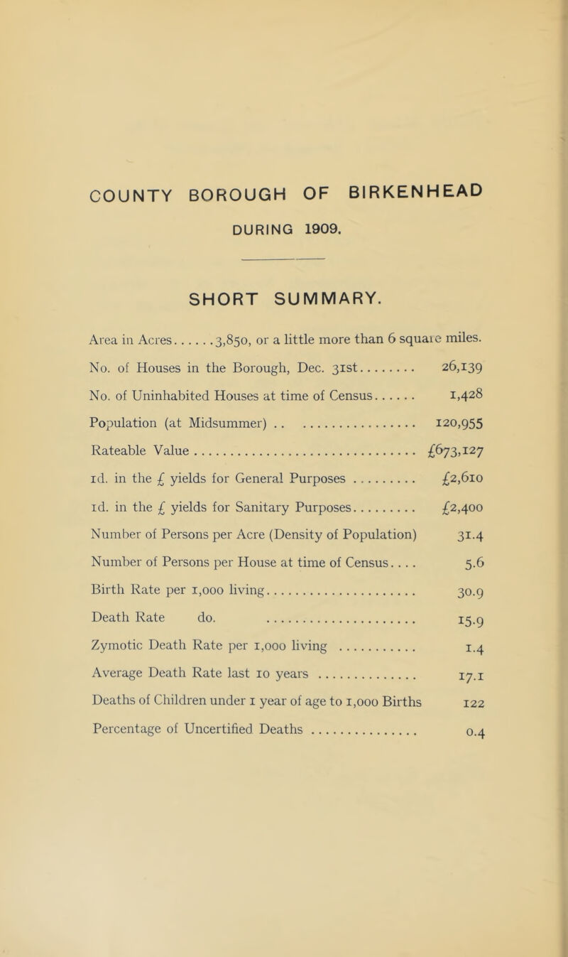 COUNTY BOROUGH OF BIRKENHEAD DURING 1909. SHORT SUMMARY. Area in Acres 3,850, or a little more than 6 square miles. No. of Houses in the Borough, Dec. 31st 26,139 No. of Uninhabited Houses at time of Census 1,428 Population (at Midsummer) 120,955 Rateable Value £673,127 id. in the £ yields for General Purposes £2,610 id. in the £ yields for Sanitary Purposes £2,400 Number of Persons per Acre (Density of Population) 31.4 Number of Persons per House at time of Census.... 5.6 Birth Rate per 1,000 living 30.9 Death Rate do. 13.9 Zymotic Death Rate per 1,000 living 1.4 Average Death Rate last 10 years 17. i Deaths of Children under i year of age to 1,000 Births 122 Percentage of Uncertified Deaths 0.4