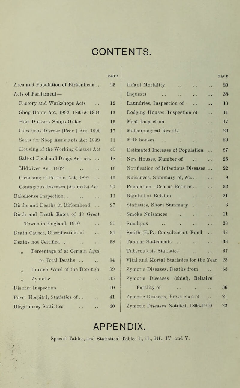 CONTENTS Area and Population of Birkenhead.. PAGE 1 23 Acts of Parliament— Factory and Workshops Acts 12 Shop Hours Act, 1892, 1895& 1904 13 Hair Dressers Shops Order 13 i Infectious Disease (Prov,) Act, 1890 17 [ Scats for Sliop Assistants Act 1899 13 ' Housing of the Working Classes .Act 40 1 Sale of Food and Drugs Act, cVc. .. 18 : i Midwives Act, 1902 16 Cleansing of Persona Act, 1897 16 Contagious Diseases (Animals) .Act 20 Bakehouse Inspection.. 13 Births and Deaths in Birkenhead .. 27 Birth and Death Rates of 43 Great Towns in England, 1910 31 1 Death Causes, Classification of 34 I Deaths not Certified .. 38 * ,, Percentage of at Certain Ages \ to Total Deaths .. 34 1 ,, In each Ward of the Borough 39 1 i ,, Zymotic 35 District Inspection 10 Fever Hospit.nl, Slatistics of . . 41 Illegitimacy Statistics 40 I PAf;E Infant Mortality .. .. .. 29 Inquests .. .. .. .. 33^ Laundries, Inspection of .. .. 13 Lodging Houses, Inspection of .. 11 Meat Inspection .. .. .. 17 Meteorological Results .. .. 20 Milk houses .. .. .. .. 20 Estimated Increase of Population .. 27 New Houses, Number of .. .. 25 Notification of Infectious Diseases .. 22 Nuisances, Summaiy of, &c... .. 9 Population—Census Returns.. .. 32 Rainfall at Bidston .. .. .. 21 Statistics, Short Summary .. .. 9 Smoke Nuisances .. .. .. 11 Smallpox .. .. .. .. 23 Smith (E.P.) Convalescent Fund .. 4 ! Tabular Statements .. .. .. 33 Tuberculosis Statistics .. .. 37 Vital and Mortal Statistics for the Year 23 Zymotic Diseases, Deaths from .. 35 Zymotic Diseases (chief). Relative Fatality of .. .. .. 36 Zymotic Diseases, Prevalence of .. 21 Zymotic Diseases Notified, 1896-1910 22 APPENDIX.