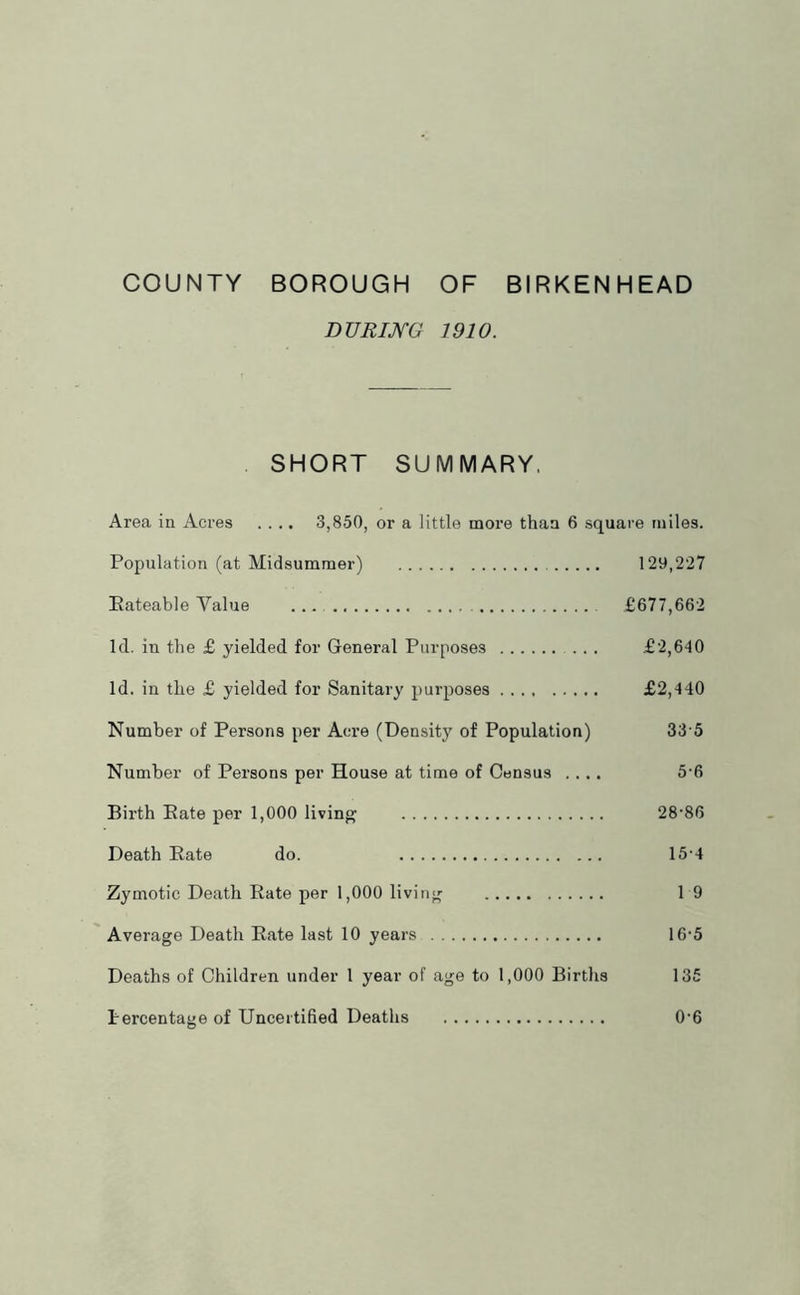 COUNTY BOROUGH OF BIRKENHEAD DURIKG 1910. SHORT SUMMARY, Area in Acres .... 3,850, or a little moi’e than 6 square miles. Population (at Midsummer) 129,227 Eateable Value ... £677,662 Id. in the £ yielded for General Purposes ... £2,640 Id. in the £ yielded for Sanitary purposes £2,440 Number of Persons per Acre (Density of Population) 33-5 Number of Persons per House at time of Census .... 5'6 Birth Rate per 1,000 living 28'86 Death Rate do. 15-4 Zymotic Death Rate per 1,000 living 19 Average Death Rate last 10 year.s 16‘5 Deaths of Children under 1 year of age to 1,000 Births 135