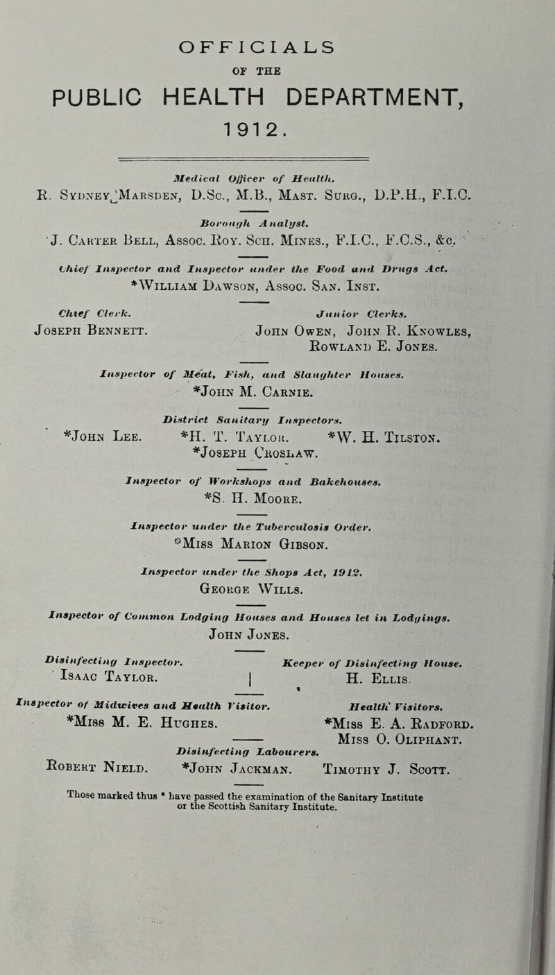 OFFICIALS OF THE PUBLIC HEALTH DEPARTMENT, 1912. Medical Officer of Health. R. Svdney^Marsden, D.Sc., M.B., Mast. Surq., D.P.H., F.I.O. Borouf/h Analyst. ■ J. Carter Bell, Assoc. Roy. Sch. Mines., F.I.C., F.C.S., &c. Lhief Inspector and Inspector under the Food and Drugs Act. ♦William Dawson, Assoc. San. Inst. Chief Clerh. flunior Clerks. Joseph Bennett. John Owen, John R. Knowles, Rowland E. Jones. Inspector of Meat, Fish, and Slaughter Houses. ♦John M. Carnie. District Sanitary Inspectors. ♦John Lee. ♦H. T. Taylor. ♦W. H. Tilston. ♦Joseph Croshaw. Inspector of Workshops and Bakehouses. ♦S. H. Moore. Inspector under the Tuberculosis Order. •'•'Miss Marion Gibson. Inspector under the Shops Act, 1912. George Wills. Inspector of Common lodging Houses and Houses let in lodgings. John Jones. Disinfecting Inspector. Keeper of Disinfecting House. ' Isaac Taylor. | H. Ellis. Inspector of Midwives and Health Visitor. Health' Visitors. ♦Miss M. E. Hughes. ♦Miss E. A. Radford, Miss 0. Oliphant. Disinfecting Labourers. Robert Nield. ♦John Jackman. Timothy J. Scott. Those marked thus * have passed the examination of the Sanitary Institute or the Scottish Sanitary Institute.