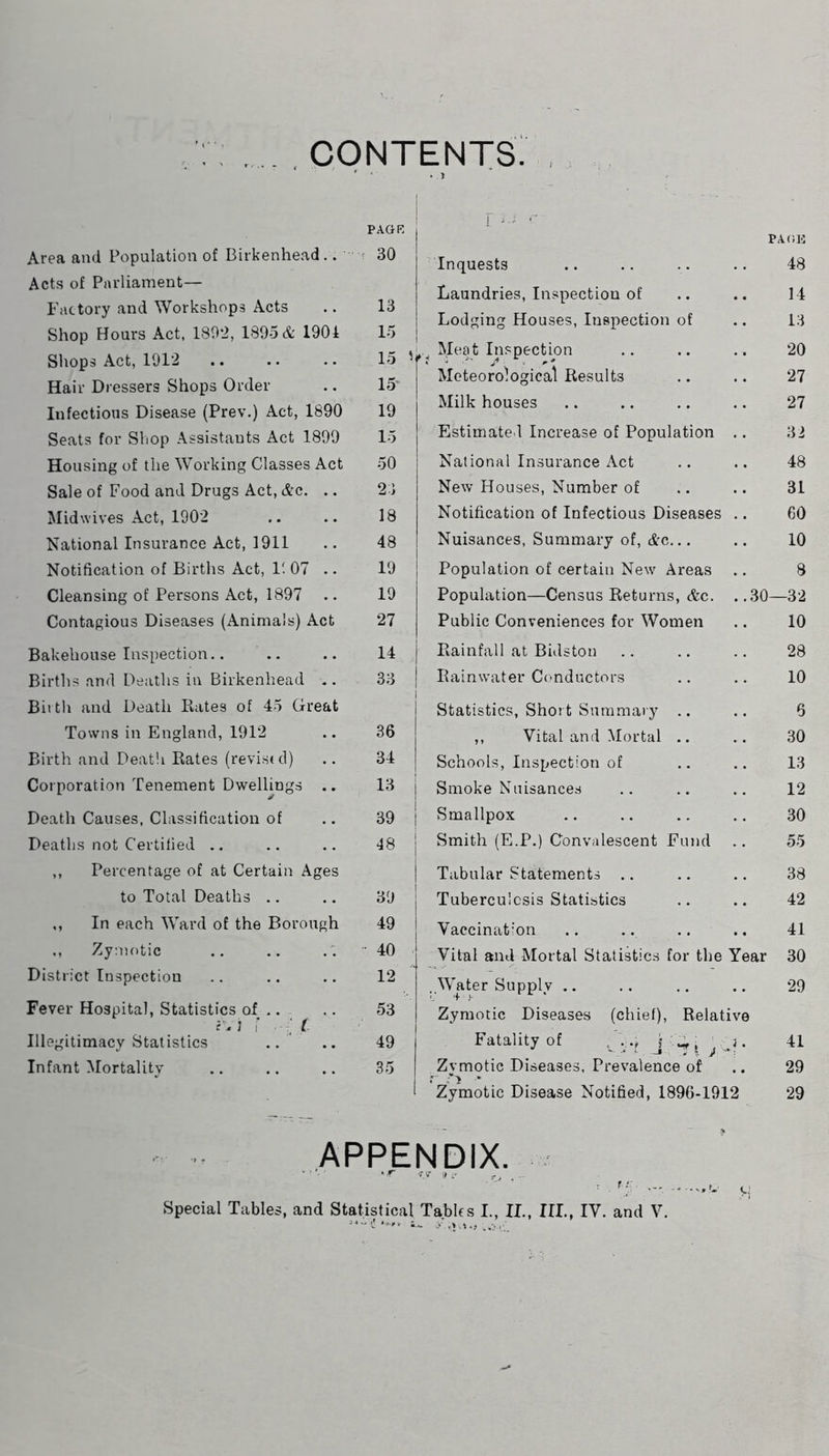 CONTENTS. PAGR ! j- ■ . ■ PACK Area and Population of Birkenhead.. ' r 30 Inquests 48 Acts of Parliament— 13 Laundries, Inspection of 14 Factory and Workshops Acts Lodging Houses, Inspection of 13 Shop Hours Act, 1892, 1895 & 1901 15 Shops Act, 1912 Hair Dressers Shops Order 15 ’ 15' ‘ Meat Inspection Meteoro'Iogical Results 20 27 Infectious Disease (Prev.) Act, 1890 19 Milk houses 27 Seats for Shop Assistants Act 1899 15 Estimated Increase of Population 32 Housing of the Working Classes Act 50 National Insurance Act 48 Sale of Food and Drugs Act, d'C. .. 21 New Houses, Number of 31 Midwives Act, 1902 18 Notification of Infectious Diseases 60 National Insurance Act, 1911 48 Nuisances, Summary of, dc.,. 10 Notification of Births Act, 11 07 .. 19 Population of certain New Areas 8 Cleansing of Persons Act, 1897 .. 19 Population—Census Returns, &c. ..30- -32 Contagious Diseases (Animals) Act 27 Public Conveniences for Women 10 Bakehouse Inspection.. .. 14 Rainfall at Bidston 28 Births and Deaths in Birkenhead .. 33 Rainwater Conductors 10 Birth and Death Bates of 45 Great Statistics, Short Summary .. 6 Towns in England, 1912 36 ,, Vital and Mortal .. 30 Birth and Deatli Kates (revisfd) 34 Schools, Inspection of 13 Corporation Tenement Dwelhngs .. 13 1 Smoke Nuisances 12 Death Causes, Classification of 39 Smallpox 30 Deaths not Certified .. 48 i Smith (E.P.) Convalescent Fund 55 ,, Percentage of at Certain Ages Tabular Statements .. 38 to Total Deaths .. 39 Tuberculosis Statistics 42 ,, In each Ward of the Borough 49 Vaccination 41 ., Zymotic • 40 Vilul and Mortal Statistics for the Year 30 District Inspection 12 . Water Supply .. 29 Fever Hospital, Statistics of .. r.j r :c Illegitimacy Statistics 53 Zymotic Diseases (chief). Relative 49 Fatality of . . .^ ' ^ —• • 0 jf Zymotic Diseases, Prevalence of j. 41 Infant Mortality 35 29 Zymotic Disease Notified, 1896-1912 29 APPENDIX,