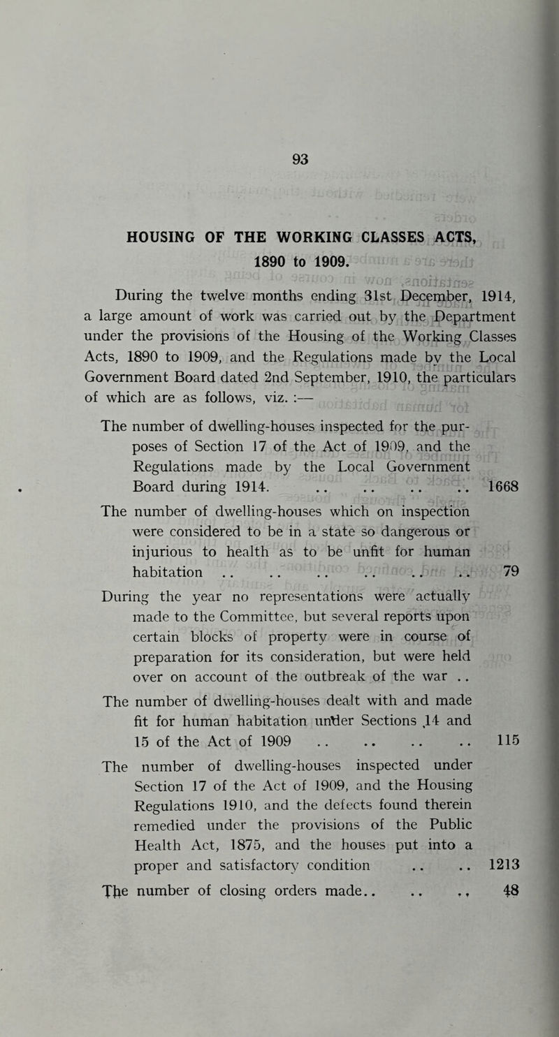 HOUSING OF THE WORKING CLASSES ACTS, 1890 to 1909. During the twelve months ending 31st December, 1914, a large amount of work was carried out by the Department under the provisions of the Housing of the Working Classes Acts, 1890 to 1909, and the Regulations made by the Local Government Board dated 2nd September, 1910, the particulars of which are as follows, viz. :— The number of dwelling-houses inspected for the pur- poses of Section 17 of the Act of 1909, and the Regulations made by the Local Government Board during 1914. .. .. .. .. 1668 The number of dwelling-houses which on inspection were considered to be in a state so dangerous or injurious to health as to be unfit for human habitation .. .. .. .. .. .. 79 During the year no representations were actually made to the Committee, but several reports upon certain blocks of property were in course of preparation for its consideration, but were held over on account of the outbreak of the war .. The number of dwelling-houses dealt with and made fit for human habitation untier Sections 14 and 15 of the Act of 1909 .. .. .. .. 115 The number of dwelling-houses inspected under Section 17 of the Act of 1909, and the Housing Regulations 1910, and the defects found therein remedied under the provisions of the Public Health Act, 1875, and the houses put into a proper and satisfactory condition .. .. 1213 Jfie number of closing orders made.. .. ., 48