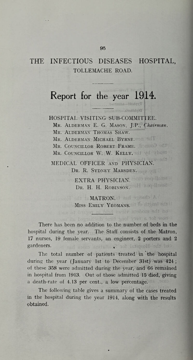 THE INFECTIOUS DISEASES HOSPITAL, TOLLEMACHE ROAD. year HOSPITAL VISITING SUB-COMMITTEE. Mr. Alderman E. G. Mason, J.P., Chairmayi. Mr. Alderman Thomas Shaw. Mr. Alderman Michael Byrne. Mr. Councillor Robert Frame. Mr. Councillor W. W. Kelly. MEDICAL OFFICER and PHYSICIAN. Dr. R. Sydney Marsden. EXTRA PHYSICIAN. Dr. H. H. Robinson. MATRON. Miss Emily Yeomans. There has been no addition to the number of beds in the hospital during the year. The Staff consists of the Matron, 17 nurses, 19 female servants, an engineer, 2 porters and 2 gardeners. , The total number of patients treated in the hospital during the year (January 1st to December 31st) was 424 ; of these 358 were admitted during the year, and 66 remained in hospital from 1913. Out of those admitted 15 died, giving a death-rate of 4.13 per cent., a low percentage. The following table gives a summary of the cases treated in the hospital during the year 1914, along with the results obtained.