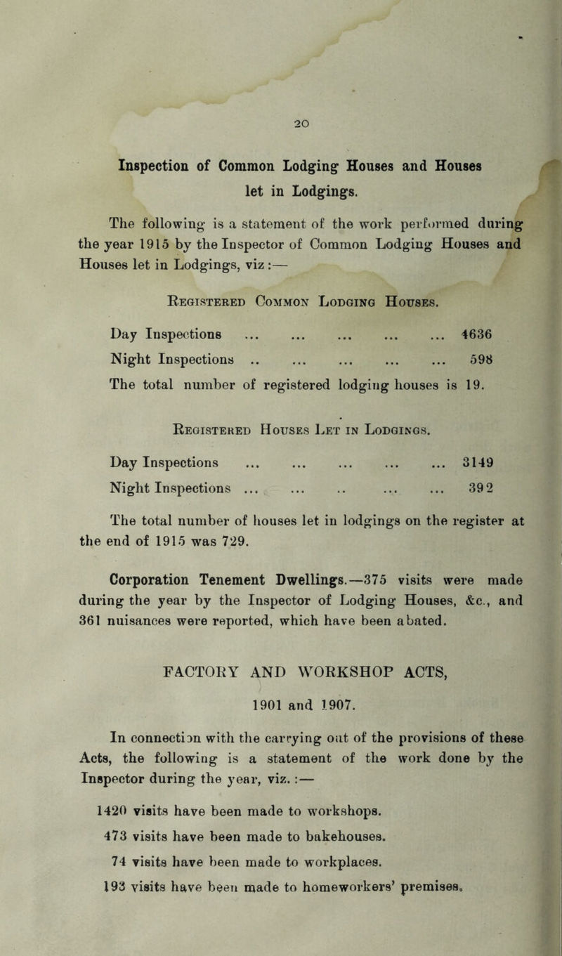 Inspection of Common Lodg^ing^ Houses and Houses let in Lodgingfs. The following is a statement of the work performed during the year 1915 by the Inspector of Common Lodging Houses and Houses let in Lodgings, viz:— Eegistered Common Lodging Houses. Day Inspections ... ... ... ... ... 4636 Night Inspections .. ... ... ... ... 598 The total number of registered lodging houses is 19. Registered Houses Let in Lodgings. Day Inspections ... ... ... ... ... 3149 Night Inspections ... ^ 392 The total number of liouses let in lodgings on the register at the end of 1915 was 729. Corporation Tenement Dwellings.—375 visits were made during the year by the Inspector of Lodging Houses, &c., and 361 nuisances were reported, which have been abated. FACTORY AND WORKSHOP ACTS, 1901 and 1907. In connectiDU with the carrying oat of the provisions of these Acts, the following is a statement of the work done by the Inspector during the year, viz.:— 1420 visits have been made to workshops. 473 visits have been made to bakehouses. 74 visits have been made to workplaces. 193 visits have been made to homeworkers’ premises.