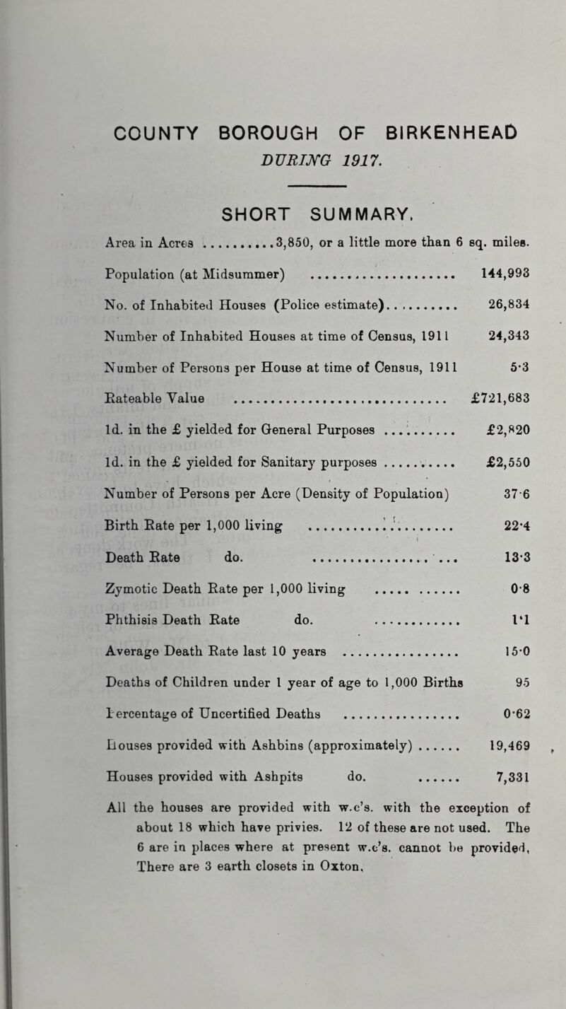 COUNTY BOROUGH OF BIRKENHEAD DURING 1917. SHORT SUMMARY, Area in Acres 3,850, or a little more than 6 sq. miles. Population (at Midsummer) 144,993 No. of Inhabited Houses (Police estimate) 26,834 Number of Inhabited Houses at time of Census, 1911 24,343 Number of Persons per House at time of Census, 1911 5*3 Eateable Value £721,683 Id. in the £ yielded for General Purposes £2,820 Id. in the £ yielded for Sanitary purposes £2,550 Number of Persons per Acre (Density of Population) 37 6 Birth Eate per 1,000 living i 22*4 Death Eate do. 13*3 Zymotic Death Eate per 1,000 living 0*8 Phthisis Death Eate do. l‘l Average Death Eate last 10 years 15*0 Deaths of Children under 1 year of age to 1,000 Births 95 Percentage of Uncertified Deaths 0°62 Douses provided with Ashbins (approximately) 19,469 Houses provided with Ashpits do. 7,331 All the houses are provided with w.c’s. with the exception of about 18 which have privies. 12 of these are not used. The 6 are in places where at present w.c’s. cannot be provided, There are 3 earth closets in Oxton,