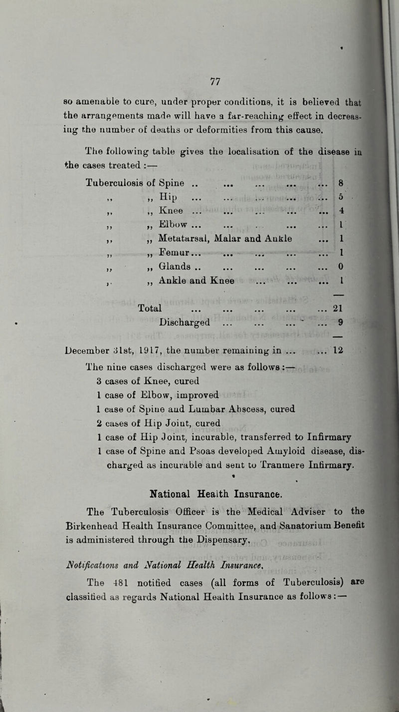 so amenable to cure, under proper conditions, it is believed that the arrangements made will have a far-reaching effect in decreas- ing the number of deaths or deformities from this cause. The following table gives the localisation of the disease in the cases treated :— Tuberculosis of Spine .. ... ... ... ... 8 ,, ,, Hip 5 ,, „ Knee ,, ,, Elbow ... ,, ,, Metatarsal, Malar and Ankle „ „ Femur ,, ,, Glands .. ,, Ankle and Knee Total Discharged December 3lst, 1917, the number remaining in ... The nine cases discharged were as follows :— 3 cases of Knee, cured 1 case of Elbow, improved 1 case of Spine and Lumbar Abscess, cured 2 cases of Hip Joint, cured 1 case of Hip Joint, incurable, transferred to Infirmary 1 case of Spine and Psoas developed Amyloid disease, dis- charged as incurable and sent to Tranmere Infirmary. % National Health Insurance. The Tuberculosis Officer is the Medical Adviser to the Birkenhead Health Insurance Committee, and Sanatorium Benefit is administered through the Dispensary, Notifications and National Health Insurance, The 481 notified cases (all forms of Tuberculosis) are classified as regards National Health Insurance as follows: — ... I ... 1 ... 1 ... 0 ... 1 ... 21 ... 9 ... 12