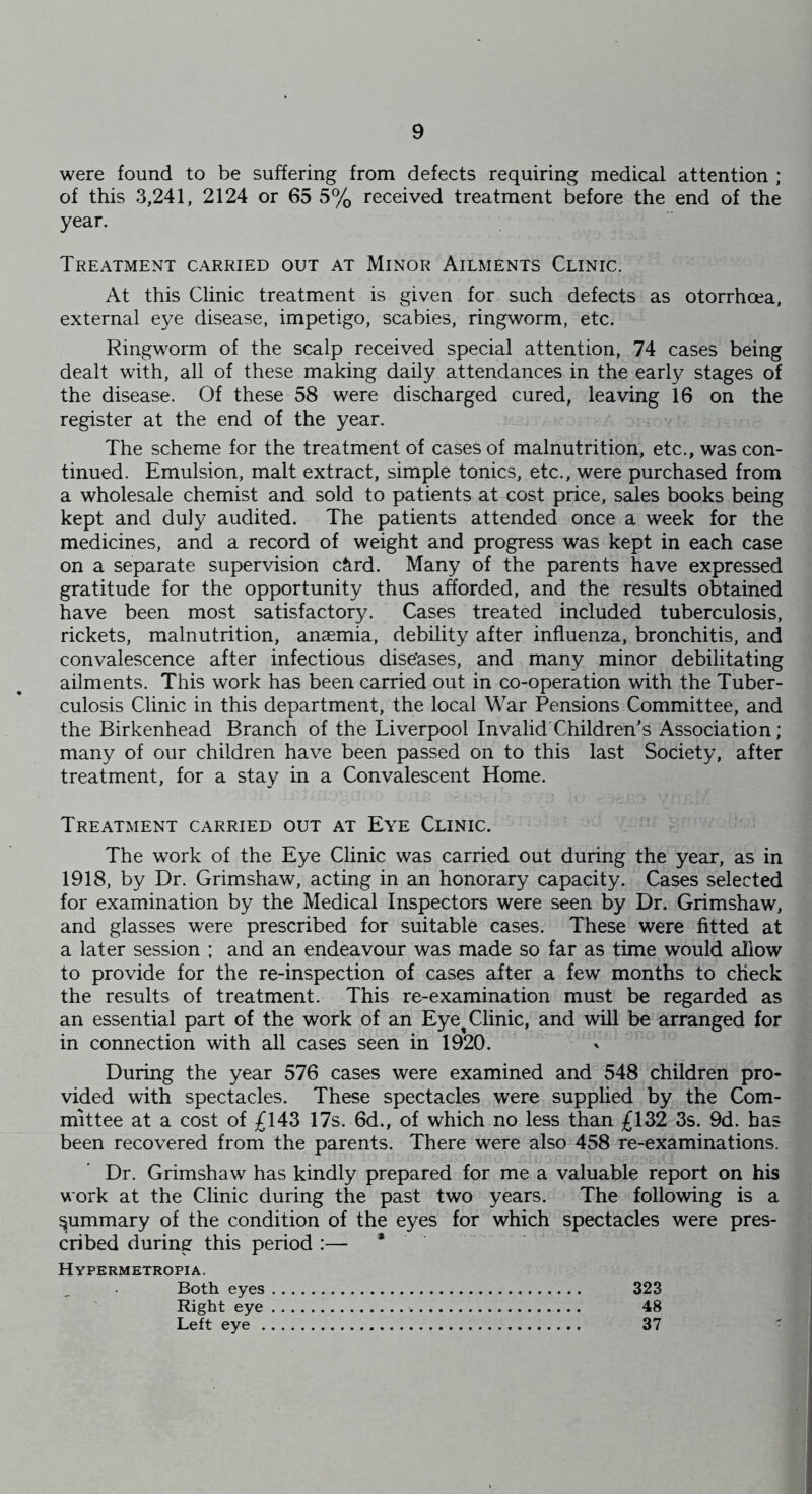were found to be suffering from defects requiring medical attention ; of this 3,241, 2124 or 65 5% received treatment before the end of the year. Treatment carried out at Minor Ailments Clinic. At this Clinic treatment is given for such defects as otorrhoea, external eye disease, impetigo, scabies, ringworm, etc. Ringworm of the scalp received special attention, 74 cases being dealt with, all of these making daily attendances in the early stages of the disease. Of these 58 were discharged cured, leaving 16 on the register at the end of the year. The scheme for the treatment of cases of malnutrition, etc., was con- tinued. Emulsion, malt extract, simple tonics, etc., were purchased from a wholesale chemist and sold to patients at cost price, sales books being kept and duly audited. The patients attended once a week for the medicines, and a record of weight and progress was kept in each case on a separate supervision c^rd. Many of the parents have expressed gratitude for the opportunity thus aftorded, and the results obtained have been most satisfactory. Cases treated included tuberculosis, rickets, malnutrition, anaemia, debility after influenza, bronchitis, and convalescence after infectious diseases, and many minor debilitating ailments. This work has been carried out in co-operation with the Tuber- culosis Clinic in this department, the local War Pensions Committee, and the Birkenhead Branch of the Liverpool Invalid Children’s Association; many of our children have been passed on to this last Society, after treatment, for a stay in a Convalescent Home. Treatment carried out at Eye Clinic. The work of the Eye Clinic was carried out during the year, as in 1918, by Dr. Grimshaw, acting in an honorary capacity. Cases selected for examination by the Medical Inspectors were seen by Dr. Grimshaw, and glasses were prescribed for suitable cases. These were fitted at a later session ; and an endeavour was made so far as time would allow to provide for the re-inspection of cases after a few months to check the results of treatment. This re-examination must be regarded as an essential part of the work of an Eye^ Clinic, and will be arranged for in connection with all cases seen in 1920. During the year 576 cases were examined and 548 children pro- vided with spectacles. These spectacles were supplied by the Com- mittee at a cost of £143 17s. 6d., of which no less than £132 3s. 9d. has been recovered from the parents. There were also 458 re-examinations. Dr. Grimshaw has kindly prepared for me a valuable report on his work at the Clinic during the past two years. The following is a nummary of the condition of the eyes for which spectacles were pres- cribed during this period :— * Hypermetropia. Both eyes Right eye Left eye . 323 48 37