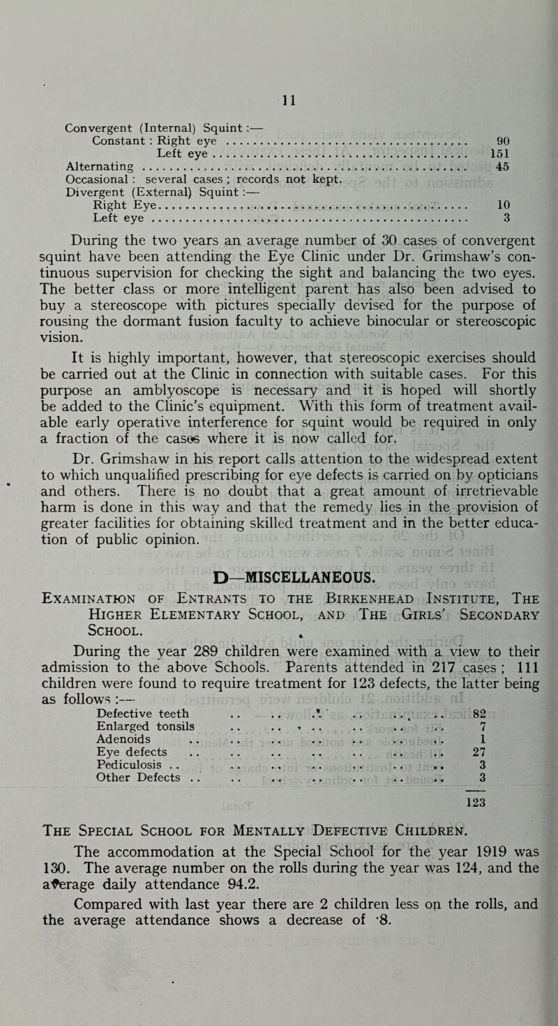 H Convergent (Internal) Squint:— Constant : Right eye 90 Left eye 151 Alternating 45 Occasional : several cases ; records not kept. Divergent (External) Squint:— Right Eye 10 Left eye 3 During the two years an average number of 30 cases of convergent squint have been attending the Eye Clinic under Dr. Grimshaw’s con- tinuous supervision for checking the sight and balancing the two eyes. The better class or more intelligent parent has also been advised to buy a stereoscope with pictures specially devised for the purpose of rousing the dormant fusion faculty to achieve binocular or stereoscopic vision. It is highly important, however, that stereoscopic exercises should be carried out at the Clinic in connection with, suitable cases. For this purpose an amblyoscope is necessary and it is hoped will shortly be added to the Clinic’s equipment. With this form of treatment avail- able early operative interference for squint would be required in only a fraction of the cases where it is now called for. Dr. Grimshaw in his report calls attention to the widespread extent to which unqualified prescribing for eye defects is carried on by opticians and others. There is no doubt that a great amount of irretrievable harm is done in this way and that the remedy lies in the provision of greater facilities for obtaining skilled treatment and in the better educa- tion of public opinion. D—MISCELLANEOUS. Examination of Entrants to the Birkenhead Institute, The Higher Elementary School, and The Girls' Secondary School. During the year 289 children were examined with a view to their admission to the above Schools. Parents attended in 217 cases; 111 children were found to require treatment for 123 defects, the latter being as follows :— Defective teeth .. .. ' .. .. ^ .. 82 Enlarged tonsils .. .. .. .. 7 Adenoids .. .. .. .. .. .. .. 1 Eye defects .. .. .. .. .. .. .. 27 Pediculosis .. .. .. .. .. .. .. 3 Other Defects .. . . .... .. .. .. 3 123 The Special School for Mentally Defective Children. The accommodation at the Special School for the year 1919 was 130. The average number on the rolls during the year was 124, and the a'ferage daily attendance 94.2. Compared with last year there are 2 children less on the rolls, and the average attendance shows a decrease of *8.