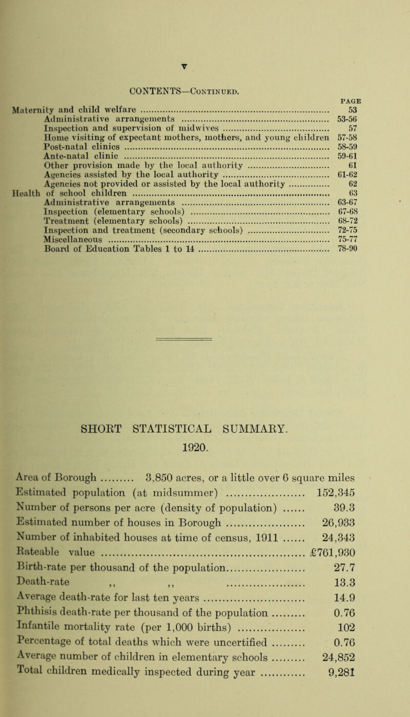 CONTENTS—Continued. PAGE Maternity and child welfare 53 Administrative arrangements 53-56 Inspection and supervision of midwives 57 Home visiting of expectant mothers, mothers, and young children 57-58 Post-natal clinics 58-59 Ante-natal clinic 59-61 Other provision made by the local authority 61 Agencies assisted by the local authority 61-62 Agencies not provided or assisted by the local authority 62 Health of school children 63 Administrative arrangements 63-67 Inspection (elementary schools) 67-68 Treatment (elementary schools) 68-72 Inspection and treatment (secondary schools) 72-75 Miscellaneous 75-77 Board of Education Tables 1 to 14 78-90 SHOET STATISTICAL SUMMAEY. 1920. Area of Borough 3,850 acres, or a little over 6 square miles Estimated population (at midsummer) 152,345 Number of persons per acre (density of population) 39.3 Estimated number of houses in Borough 26,933 Number of inhabited houses at time of census, 1911 24,343 Eateable value £761,930 Birth-rate per thousand of the population 27.7 Death-rate ,, ,, 13.3 Average death-rate for last ten years 14.9 Phthisis death-rate per thousand of the population 0.76 Infantile mortality rate (per 1,000 births) 102 Percentage of total deaths which were uncertified 0.76 Average number of children in elementary schools 24,852 Total children medically inspected during year 9,281