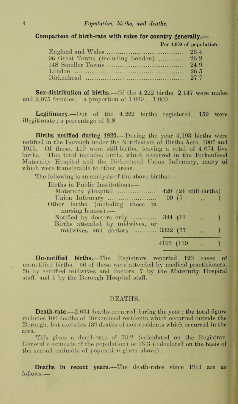 Comparison of birth-rate with rates for country generally.— Per 1,000 of population. England and Wales 25.4 96 Great Towns (including London) 26.2 148 Smaller Towns 24.9 London 26.5 Birkenhead 27.7 Sex-distribution of births.—Of the 4,222 births, 2,147 were males and 2,075 females; a proportion of 1,029; 1,000. Legitimacy.—Out of the 4,222 births registered, 159 were illegitimate; a percentage of 3.8. Births notified during 1920.—TOuring the year 4,193 births were notified in the Borough under the Notification of Births Acts, 1907 and 1915. Of these, 119 were still-births, leaving a total of 4,074 live births. This total includes births which occurred in the Birkenhead Maternity Hospital and the Birkenhea.d I'nion Infirmary, many of which were transferable to other areas. The following is an analysis of the above births:— Births in Public Institutions:— Maternity plospital .... 428 (24 still-births) Union Infirmary .... 99 (7 „ ) Other births (including those in nursing homes):— Notified by doctors only —.... .... 344 (11 ) Births attended by mid wives. or midwives and doctors .... 3322 (77 ) 4193 (119 ,, ) Un-notified births.—The Registrars reported 120 cases of un-notifie{l births. 56 of these were attended by medical practitioners, 56 by certified mid wives and doctors, 7 by the Maternity Hospital staff, and 1 by the Borough Hospital staff. DEATHS. Death-rate.—2,034 deaths occurred during the year ; the total figure includes 106 deaths of Birkenhead residents which occurred outside the Borough, but excludes 139 deaths of non-residents which occurred in the , area. This gives a death-rate of '13.2 (calculated on the Registrar- f General’s estimate of the population) or 13.3 (calculated on the basis of - the second estimate of population given above). Deaths in recent years.—The death-rates since 1911 are as follows:—'