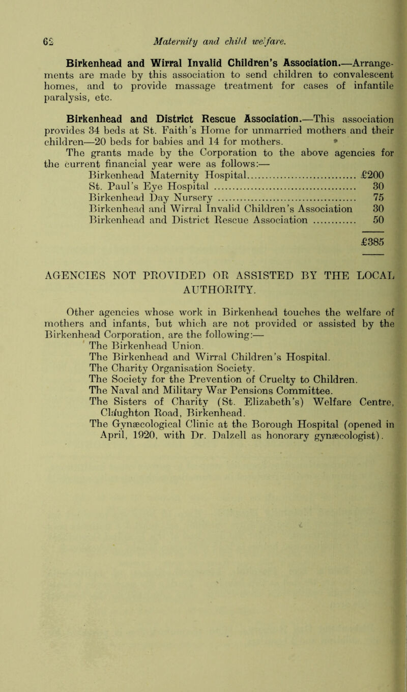 Birkenhead and Wirral Invalid Children’s Association—Arrange- ments are made by this association to send children to convalescent homes, and to provide massage treatment for cases of infantile paralysis, etc. Birkenhead and District Rescue Association.—This association provides 34 beds at St. Faith’s Home for unmarried mothers and their children—20 beds for babies and 14 for mothers. * The grants made by the Corporation to the above agencies for the current financial year were as follows:— Birkenhead Maternity Hospital £200 St. Paul’s Eye Hospital 30 Birkenhead Day Nursery 75 Birkenhead and Wirral Invalid Children’s Association 30 Birkenhead and District Rescue Association 50 £385 AGENCIES NOT PROVIDED OR ASSISTED BY THE LOCAL AUTHORITY. Other agencies whose work in Birkenhead touches the welfare of mothers and infants, but which are not provided or assisted by the Birkenhead Corporation, are the following:— The Birkenhead Union. The Birkenhead and Wirral Children’s Hospital. The Charity Organisation Society. The Society for the Prevention of Cruelty to Children. The Naval and Military War Pensions Committee. The Sisters of Charity (St. Elizabeth’s) Welfare Centre, Claughton Road, Birkenhead. The Gynaecological Clinic at the Borough Hospital (opened in April, 1920, with Dr. Dalzell as honorary gynaecologist).