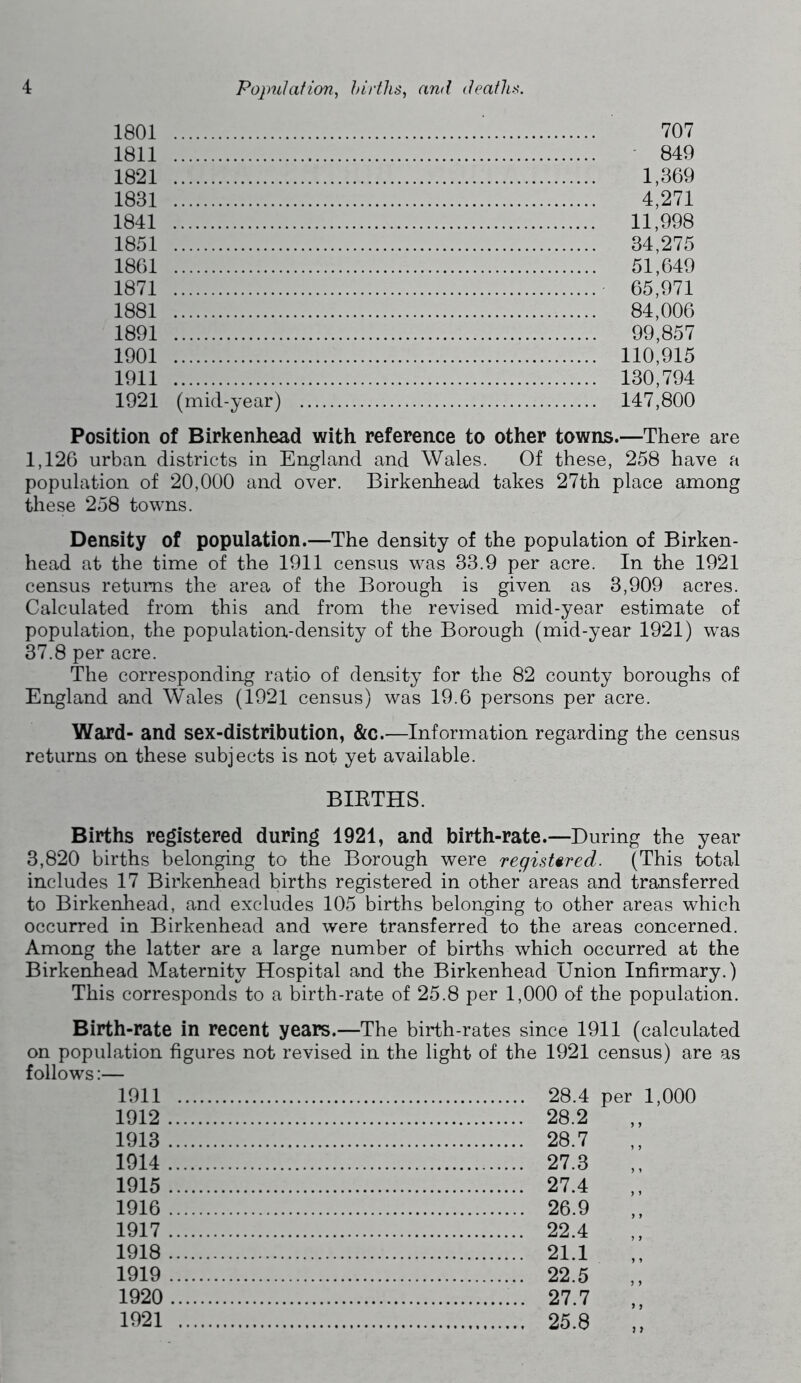 1801 1811 1821 1831 1841 1851 1861 1871 1881 1891 1901 1911 1921 (mid-year) 707 849 1,369 4,271 11,998 34,275 51,649 65,971 84,006 99,857 110,915 130,794 147,800 Position of Birkenhead with reference to other towns.—There are 1,126 urban districts in England and Wales. Of these, 258 have a population of 20,000 and over. Birkenhead takes 27th place among these 258 towns. Density of population.—The density of the population of Birken- head at the time of the 1911 census was 33.9 per acre. In the 1921 census returns the area of the Borough is given as 3,909 acres. Calculated from this and from the revised mid-year estimate of population, the population-density of the Borough (mid-year 1921) was 37.8 per acre. The corresponding ratio of density for the 82 county boroughs of England and Wales (1921 census) was 19.6 persons per acre. Ward- and sex-distribution, &c.—Information regarding the census returns on these subjects is not yet available. BIRTHS. Births registered during 1921, and birth-rate.—During the year 3,820 births belonging to the Borough were registered. (This total includes 17 Birkenhead births registered in other areas and transferred to Birkenhead, and excludes 105 births belonging to other areas which occurred in Birkenhead and were transferred to the areas concerned. Among the latter are a large number of births which occurred at the Birkenhead Maternity Hospital and the Birkenhead Union Infirmary.) This corresponds to a birth-rate of 25.8 per 1,000 of the population. Birth-rate in recent years.—The birth-rates since 1911 (calculated on population figures not revised in the light of the 1921 census) are as follows:— 1911 28.4 per 1,000 1912 28.2 1913 28.7 1914 27.3 1915 27.4 1916 26.9 1917 22.4 1918 21.1 1919 22.5 1920 27.7 1921 25.8