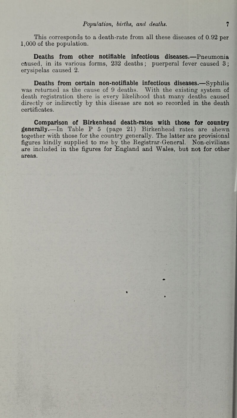 This corresponds to a death-rate from all these diseases of 0.92 per 1,000 of the population. Deaths from other notifiable infectious diseases.—Pneumonia caused, in its various forms, 232 deaths; puerperal fever caused 3; erysipelas caused 2. Deaths from certain non-notifiable infectious diseases.—Syphilis was returned as the cause of 9 deaths. With the existing system of death registration there is every likelihood that many deaths caused directly or indirectly by this disease are not so recorded in the death certificates. Comparison of Birkenhead death-rates with those for country generally.—In Table P 5 (page 21) Birkenhead rates are shewn together with those for the country generally. The latter are provisional figures kindly supplied to me by the Registrar-General. Non-civilians are included in the figures for England and Wales, but not for other areas.