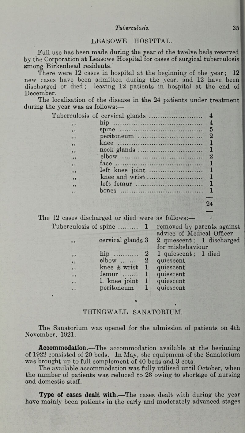 LEASOWE HOSPITAL. Full use has been made during the year of the twelve beds reserved by the Corporation at Leasowe Hospital for cases of surgical tuberculosis jimong Birkenhead residents. There were 12 cases in hospital at the beginning of the year; 12 new cases have been admitted during the year, and 12 have been discharged or died; leaving 12 patients in hospital at the end of December. The localisation of the disease in the 24 patients under treatment during the year was as follows:— Tuberculosis of cervical glands 4 ,, hip 4 ,, spine 5 ,, peritoneum 2 ,, knee X ,, neck glands 1 ,, ‘elbow 2 ,, face 1 ,, left knee joint 1 ,, knee and wrist 1 ,, left femur 1 ,, bones 1 24 12 cases discharged or died were as follows:— Tuberculosis of spine 1 removed by parents against advice of Medical Officer ,, cervical glands 3 2 quiescent; 1 discharged for misbehaviour ,, hip 2 1 quiescent; 1 died ,, elbow 2 quiescent ,, knee & wrist 1 quiescent ,, femur 1 quiescent ,, 1. knee joint 1 quiescent ,, peritoneum 1 quiescent 1 THINGWALL SANATOEIUM. The Sanatorium was opened for the admission of patients on 4th November, 1921. Accommodation.—The accommodation available at the beginning of 1922 consisted of 20 beds. In May, the equipment of the Sanatorium was brought up to full complement of 40 beds and 3 cots. The available accommodation was fully utilised until October, when the number of patients was reduced to 23 owing to shortage of nursing and domestic staff. Type of cases dealt with.—The cases dealt with during the year have mainly been patients in the early and moderately advanced stages