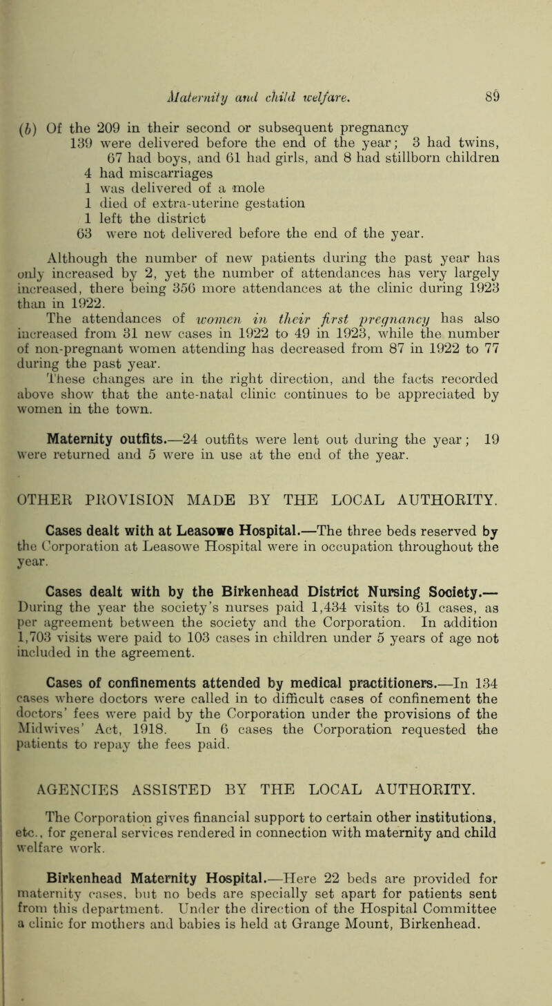 {b) Of the 209 in their second or subsequent pregnancy 139 were delivered before the end of the year; 3 had twins, G7 had boys, and 61 had girls, and 8 had stillborn children 4 had miscarriages 1 was delivered of a mole 1 died of extra-uterine gestation 1 left the district 03 were not delivered before the end of the year. Although the number of new patients during the past year has only increased by 2, yet the number of attendances has very largely increased, there being 356 more attendances at the clinic during 1923 tlum in 1922. The attendances of luomen in their first pregnancy has also increased from 31 new cases in 1922 to 49 in 1923, while the number of non-pregnant women attending has decreased from 87 in 1922 to 77 during the past year. These changes are in the right direction, and the facts recorded above show that the ante-natal clinic continues to be appreciated by women in the town. Maternity outfits.—24 outfits were lent out during the year; 19 were returned and 5 were in use at the end of the year. OTHER PROVISION MADE BY THE LOCAL AUTHORITY. Cases dealt with at Leasove Hospital.—The three beds reserved by the Corporation at Leasowe Hospital were in occupation throughout the year. Cases dealt with by the Birkenhead District Nursing Society.— During the year the society’s nurses paid 1,434 visits to 61 cases, as per agreement between the society and the Corporation. In addition 1,703 visits were paid to 103 cases in children under 5 years of age not included in the agreement. Cases of confinements attended by medical practitioners.—In 134 cases where doctors were called in to difficult cases of confinement the doctors’ fees were paid by the Corporation under the provisions of the Midwives’ Act, 1918. In 6 cases the Corporation requested the patients to repay the fees paid. AGENCIES ASSISTED BY THE LOCAL AUTHORITY. The Corporation gives financial support to certain other institutions, etc., for general services rendered in connection with maternity and child welfare work. Birkenhead Maternity Hospital.—Here 22 beds are provided for maternity cases, but no beds are specially set apart for patients sent from this department. Under the direction of the Hospital Committee a clinic for mothers and babies is held at Grange Mount, Birkenhead.