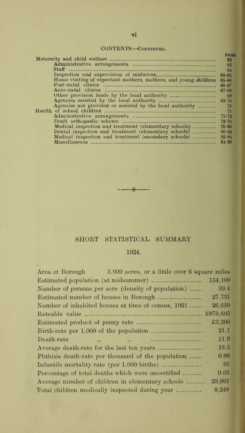 C( > NTEN TS .—Continued . PAGE Maternity and child welfare 63 Administrative arrangements 63 Staff 64, Inspection and supervision of midwives 64-65 Home visiting of expectant mothers, mothers, and young children 65-66 Post-natal clinics 66-67 Ante-natal clinics 67-69 Other provision made by the local authority 69 Agencies assisted by the local authority 69-70 Agencies not provided or assisted by the local authority 70 Health of school children 71 Administrative arrangements 71-72 Draft orthopaedic scheme 72-76 Medical inspection and treatment (elementary schools) 76-80 Dental inspection and treatment (elementary schools) 80-82 Medical inspection and treatment (secondary schools) 82-84 Miscellaneous 84-99 SHORT STATISTICAL SUMMARY, Kj 1924. » Area ot Borough 3,909 acres, or a little over 6 square miles Estimated population (at midsummer) 154,100 Number of persons per acre (density of population) 39.4 Estimated number of houses in Borough 27,731 Number of inhabited houses at time of census, 1921 26,630 Rateable value £873,605 Estimated product of penny rate £3,200 Birth-rate per 1,000 of the population 21.1 Death-rate ,, ,, 11.9 Average death-rate for the last ten years 13.5 Phthisis death-rate per thousand of the population 0.88 Infantile mortality rate (per 1,000' births) 91 K Percentage of total deaths which were uncertified 0.05^B Average number of children in elementary schools 23,891'^BI Total children medically inspected during year 8,248^B|