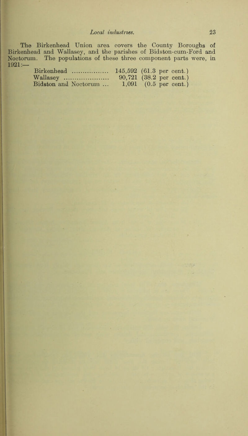 The Birkenhead Union area covers the County Boroughs of Birkenhead and Wallasey, and the parishes of Bidston-cum-Ford and Noctoruin. The populations of these three component parts were, in 1921:— Birkenliead 145,592 (61.3 per cent.) Wallasey 90,721 (38.2 per cent.) Bidston and Noctoruin ... 1,091 (0.5 per cent.)