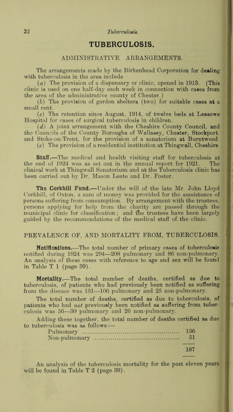 TUBERCULOSIS. ADMINISTKATIVE AREANGEMBNTS. The arrangements made by the Birkenhead Corporation for dealing with tuberculosis in the area include (a) The provision of a dispensary or clinic, opened in 1913. (This clinic is used on one half-day each week in connection with cases from the area of the administrative county of Chester.) (b) The provision of garden shelters (two) for suitable cases at a small rent. (c) The retention since August, 1914, of twelve beds at Leasowe Hospital for cases of surgical tuberculosis in children. (d) A joint arrangement with the Cheshire County Council, and the Councils of the County Boroughs of Wallasey, Chester, Stockport, and Stoke-on-Trent, for the provision of a sanatorium at Burntwood. (e) The provision of a residential institution at Thingwall, Cheshire Staff.—The medical and health visiting staff for tuberculosis at the end of 1924 was as set out in the annual report for 1921. The clinical work at Thingwall Sanatorium and at the Tuberculosis clinic has been carried out by Dr. Mason Leete and Dr. Foster. The Corkhill Fund.—Under the will of the late Mr. John Lloyd Corkhill, of Oxton, a sum of money was provided for the asssistance of persons suffering from consumption. By arrangement with the trustees, persons applying for help from the charity are passed through the municipal clinic for classification; and the trustees have been largely guided by the recommendations of the medical staff of the clinic. PREVALENCE OF, AND MORTALITY FROM, TUBERCULOSIS. Notifioations.—The total number of primary cases of tuberculosif notified during 1924 w’as 294—208 pulmonary and 86 non-pulmonary. An analysis of these cases with reference to age and sex will be found in Table T 1 (page 39). Mortality The total number of deaths, certified as due to tuberculosis, of patients who had previously been notified as suffering fiom the disease was 131—106 pulmonary and 25 non-pulmonary. The total number of deaths, certified as due to tuberculosis, of patients who had ?iot previously been notified as suffering from tuber- culosis was 56—30 pulmonary and 26 non-pulmonary. Adding these together, the total number of deaths certified as due to tuberculosis was as follows:— Pulmonary 136 Non-pulmonary 51 187 An analysis of the tuberculosis mortality for the past eleven years will be found in Table T 2 (page 39),