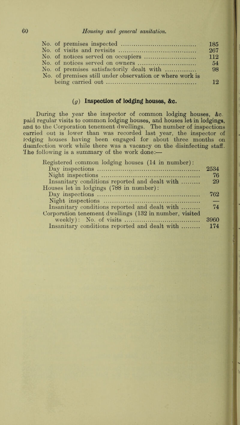 No. of premises inspected 185 No. of visits and revisits 267 No. of notices served on occupiers 112 No. of notices served on owners 54 No. of premises satisfactorily dealt with 98 No. of premises still under observation or where work is being carried out 12 {g) Inspeotlan of lodging houses, &c. During the year the inspector of common lodging houses, &c. paid regular visits to common lodging houses, and houses let in lodgings, and to the Corporation tenement dwellings. The number of inspections carried out is lower than was recorded last year, the inspector of lodging houses having been engaged for about three months on disinfection work while there was a vacancy on the disinfecting staff. The following is a summary of the work done:— Kegistered common lodging houses (14 in number): Day inspections 2534 Night inspections 76 Insanitary conditions reported and dealt with 29 Houses let in lodgings (788 in number): Day inspections 762 Night inspections — Insanitary conditions reported and dealt with 74 Corporation tenement dwellings (132 in number, visited weekly): No. of visits 3960 Insanitary conditions reported and dealt with 174