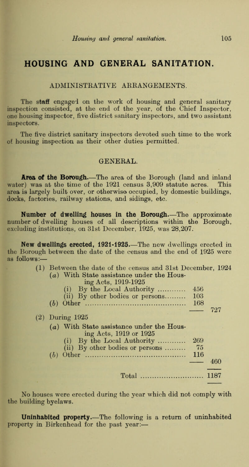 HOUSING AND GENERAL SANITATION. ADMINISTRATIVE ARRANGEMENTS. The staff engaged on the work of housing and general sanitary inspection consisted, at the end of the year, of the Chief Inspector, one housing inspector, five district sanitary inspectors, and two assistant inspectors. The five district sanitary inspectors devoted such time to the work of housing inspection as their other duties permitted. GENERAL. Area of the Borough.—The area of the Borough (land and inland water) was at the time of the 1921 census 3,909 statute acres. This area is largely built over, or otherwise occupied, by domestic buildings, docks, factories, railway stations, and sidings, etc. Number of dwelling houses in the Borough—The approximate number of dwelling houses of all descriptions within the Borough, excluding institutions, on 31st December, 1925, was 28,207. New dwellings erected, 1921-1925.—The new dwellings erected in the Borough between the date of the census and the end of 1925 were as follows:— (1) Between the date of the census and 31st December, 1924 (a) With State assistance under the Hous- ing Acts, 1919-1925 (i) By the Local Authority 456 (ii) By other bodies or persons 103 (b) Other 168 727 (2) During 1925 (a) With State assistance under the Hous- ing Acts, 1919 or 1925 (i) By the Local Authority 269 (ii) By other bodies or persons 75 (b) Other 116 460 Total 1187 No houses were erected during the year which did not comply with the building byelaws. Uninhabited property.—The following is a return of uninhabited property in Birkenhead for the past year:—