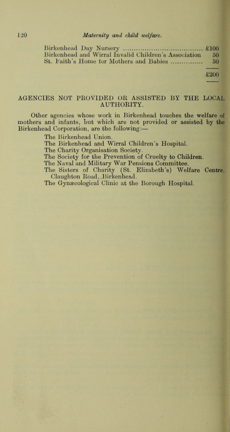 Birkenhead Day Nursery £100 Birkenhead and Wirral Invalid Children’s Association 50 St. Eaith’s Home ior Mothers and Babies 50 £200 AGENCIES NOT PROVIDED OR ASSISTED BY THE LOCAL AUTHORITY. Other agencies whose work in Birkenhead touches the welfare of mothers and infants, but which are not provided or assisted by the Birkenhead Corporation, are the following:— The Birkenhead Union. The Birkenhead and Wirral Children’s Hospital. The Charity Organisation Society. The Society for the Prevention of Cruelty to Children. The Naval and Military War Pensions Committee. The Sisters of Charity (St. Elizabeth’s) Welfare Centre, Claughton Road, Birkenhead. The Gynaecological Clinic at the Borough Hospital.
