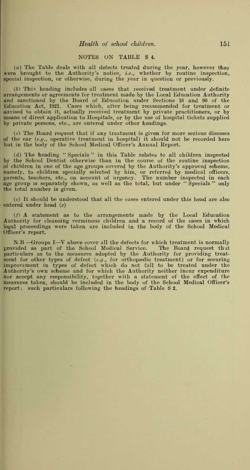 NOTES ON TABLE S 4. (a) The Table deals with all defects treated during the year, however they were brought to the Authority’s notice, i.e., whether by routine inspection, special inspection, or otherwise, during the year in question or previously. (b) This heading includes all cases that received treatment under definite arrangements or agreements for treatment made by the Local Education Authority and sanctioned by the Board of Education under Sections 16 and 80 of the Education Act, 1921. Cases which, after being recommended for treatment or advised to obtain it, actually received treatment by private practitioners, or by means of direct application to Hospitals, or by the use of hospital tickets supplied by private persons, etc., are entered under other headings. (cl The Board request that if any treatment is given for more serious diseases of the ear (e.g., operative treatment in hospital) it should not be recorded here but in the body of the School Medical Officer’s Annual Report. (d) The heading “ Specials ” in this Table relates to all children inspected by the School Dentist otherwise than in the course of the routine inspection of children in one of the age groups covered by the Authority’s approved scheme, namely, to children specially selected by him, or referred by medical officers, parents, teachers, etc., on account of urgency. The number inspected in each age group is separately shown, as well as the total, but under “ Specials ” only the total number is given. (c) It should be understood that all the cases entered under this head are also entered under head (c) (/) A statement as to the arrangements made by the Local Education Authority for cleansing verminous children and a record of the cases in which legal proceedings were taken are included in the body of the School Medical Officer’s report. N.B —Groups I—V above cover all the defects for which treatment is normally provided as part of the School Medical Service. The Board request that particulars as to the measures adopted by the Authority for providing treat- ment for other types of defect (e.g., for orthopaedic treatment) or for securing improvement in types of defect which do not fall to be treated under the Authority’s own scheme and for which the Authority neither incur expenditure nor accept any responsibility, together with a statement of the effect of the measures taken, should be included in the body of the School Medical Officer's
