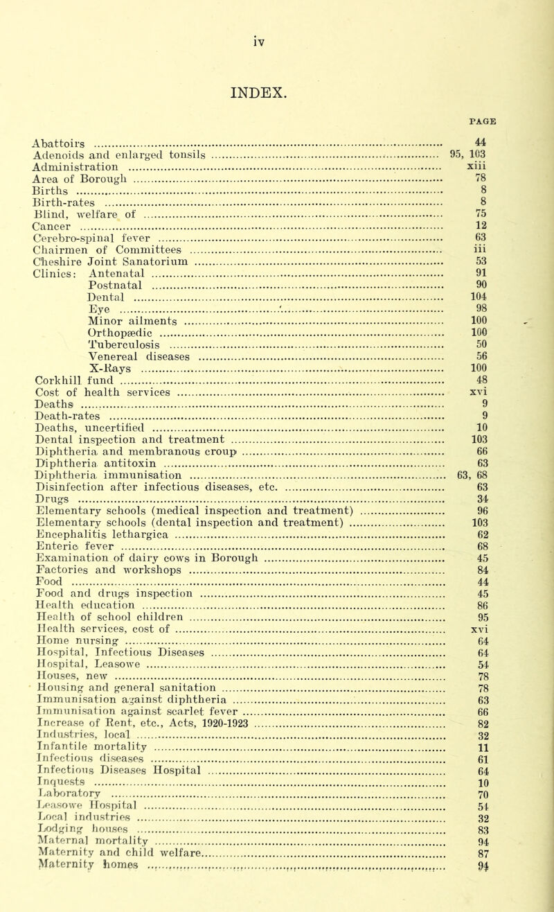 INDEX. PAGE Abattoirs 44 Adenoids and enlarged tonsils 95, 103 Administration xiii Area of Boroiigli 78 Births 8 Birth-rates 8 Blind, ’welfare of 75 Cancer 12 Cerebro^spinal fever 63 Chairmen of Committees iii Cheshire Joint Sanatorium 53 Clinics: Antenatal 91 Postnatal 90 Dental 104 Eye ^ 98 Minor ailments 100 Orthopaedic 100 Tuberculosis 50 Venereal diseases 56 X-Bays 100 Cork hill fund 48 Cost of health services xvi Deaths 9 Death-rates 9 Deaths, uncertified 10 Dental inspection and treatment 103 Diphtheria and membranous croup 66 Diphtheria antitoxin 63 Diphtheria immunisation 63, 68 Disinfection after infectious diseases, etc 63 Drugs 34 Elementary schools (medical inspection and treatment) 96 Elementary schools (dental inspection and treatment) 103 Encephalitis lethargica 62 Enteric fever 68 Examination of dairy cows in Borough 45 Factories and workshops 84 Food 44 Food and drugs inspection 45 Health education 86 Health of school children 95 Health services, cost of xvi Home nursing 64 Hospital, Infectious Diseases 64 Hospital, Leasowe 54 Houses, new 78 Housing and general sanitation 78 Immunisation against diphtheria 63 Immunisation against scarlet fever 66 Increase of Pent, etc.. Acts, 1920-1923 82 Industries, local 32 Infantile mortality 11 Infections diseases 61 Infectious Diseases Hospital 64 Inquests 10 Laboratory 70 Leasowe Hospital 5i Jjocal industries 32 I.(Odging houses 83 Maternal mortality 94 Maternity and child welfare 87 Maternity homes 94