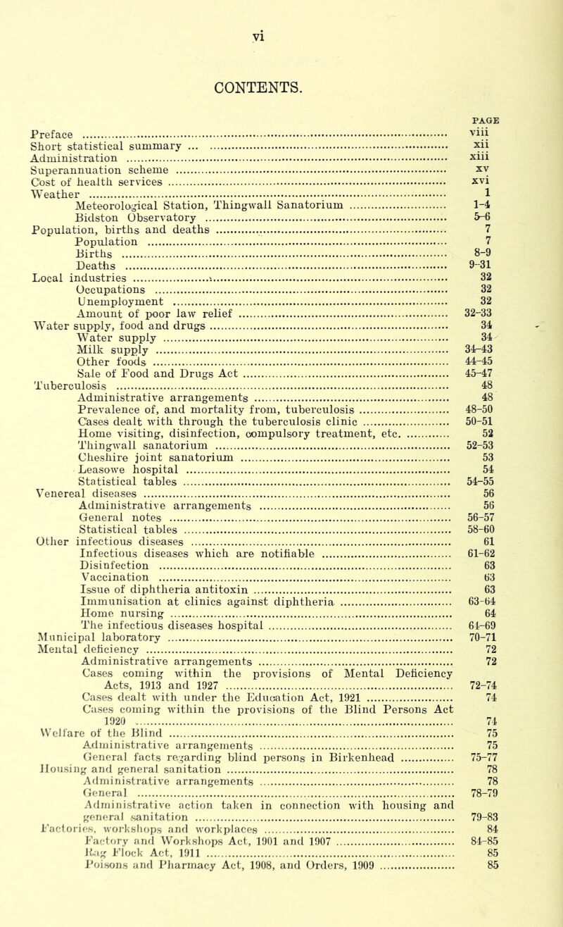 yi CONTENTS. PAGE Preface viii Short statistical summary xii Administration xiii Superannuation scheme xy Cost of health services xvi Weather 1 Meteoroloig-ical Station, Thingwall Sanatorium 1-4 Bidston Observatory 5-6 Population, births and deaths 7 Population 7 Births 8-9 Deaths 9-31 Local industries 32 Occupations 32 U nemployment 32 Amount of poor law relief 32-33 Water supply, food and drug^s 34 Water supply 34 Milk supply 34-43 Other fo(Ms 44-45 Sale of Food and Drugs Act 45-47 Tuberculosis 48 Administrative arrangements 48 Prevalence of, and mortality from, tuberculosis 48-50 Cases dealt with through the tuberculosis clinic 50-51 Home visiting, disinfection, compulsory treatment, etc 52 Thingwall sanatorium 52-53 Cheshire joint sanatorium 53 Leasowe hospital 54 Statistical tables 54-55 Venereal diseases 56 Administrative arrangements 56 General notes 56-57 Statistical tables 58-60 Other infectious diseases 61 Infectious diseases which are notihable 61-62 Disinfection 63 Vaccination 63 Issue of diphtheria antitoxin 63 Immunisation at clinics against diphtheria 63-64 Home nursing 64 The infectious diseases hospital 64-69 Municipal laboratory 70-71 Mental deficiency 72 Administrative arrangements 72 Cases coming within the provisions of Mental Deficiency Acts, 1913 and 1927 72-74 Cases dealt with under the Eduoation Act, 1921 74 Cases coming within the provisions of the Blind Persons Act 1920 74 Welfare of the Blind 75 Administrative arrangements 75 General facts re;,mrding blind persons in Birkenhead 75-77 Housing and general sanitation 78 Administrative arrangements 78 General 78-79 Administrative action taken in connection with housing and general sanitation 79-83 Factories, worksliops and workplaces 84 Factory and Workshops Act, 1901 and 1907 84-85 Itag Flock Act, 1911 85 Ihhsons and Pharmacy Act, 1908, and Orders, 1909 85